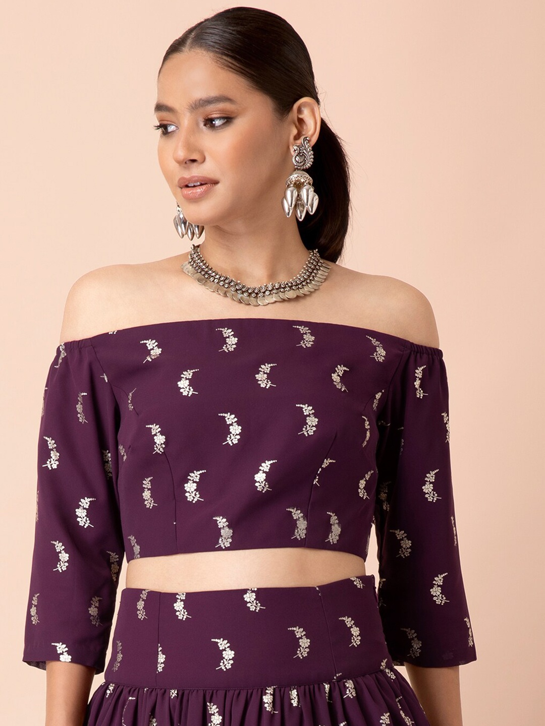 

INDYA X Payal Singhal Foil Printed Off Shoulder Crop Top, Purple
