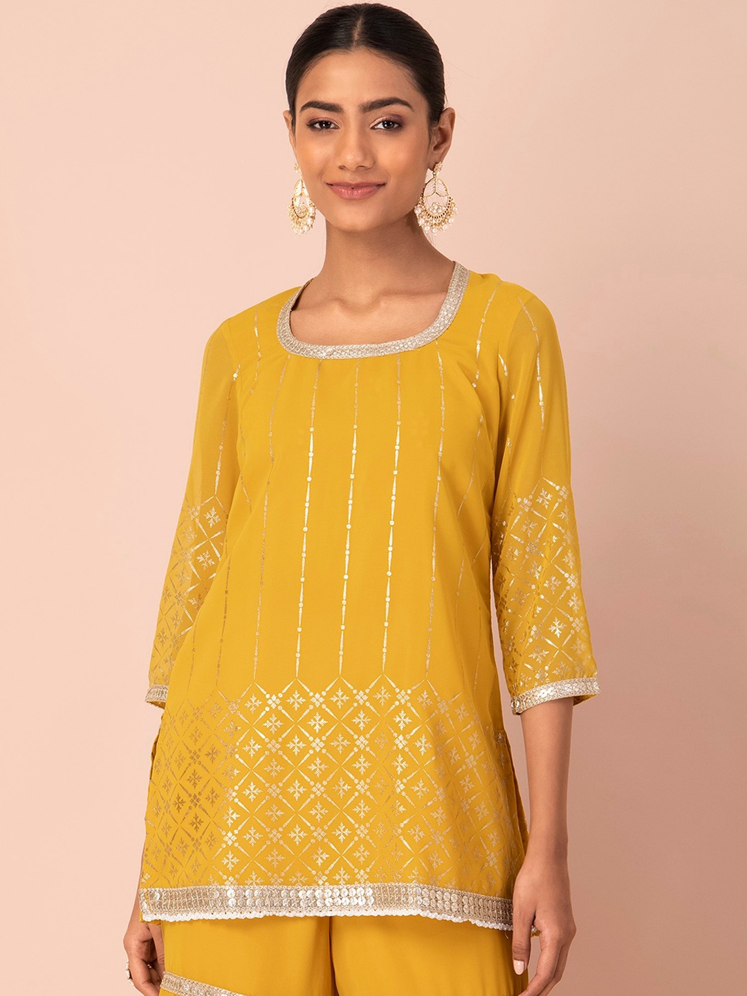 

INDYA Ethnic Motifs Foil Printed Zari Round Neck Straight Kurti, Mustard