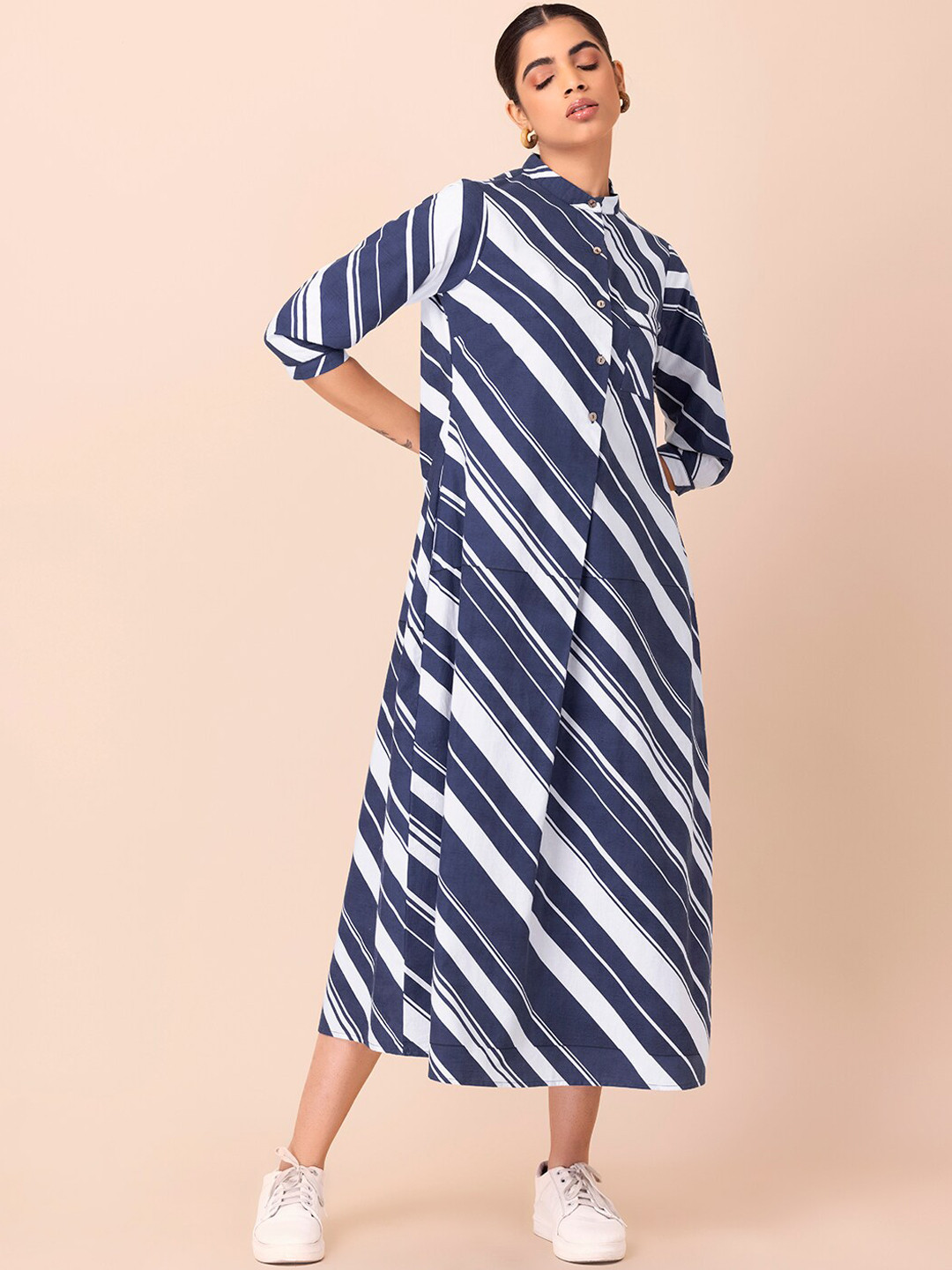 

INDYA Striped Pleated Midi Cotton Pure Cotton Shirt Dress, Navy blue