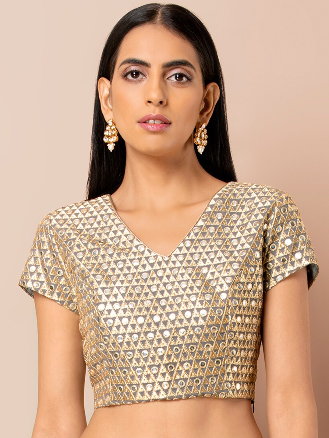 

INDYA Mirror Work Embroidered Crop Blouse, Grey