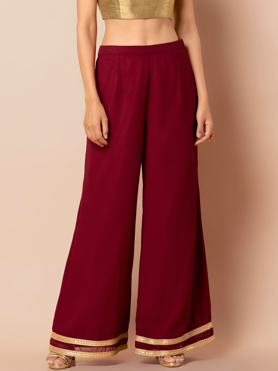 

INDYA Women Wide Leg Palazzos, Maroon