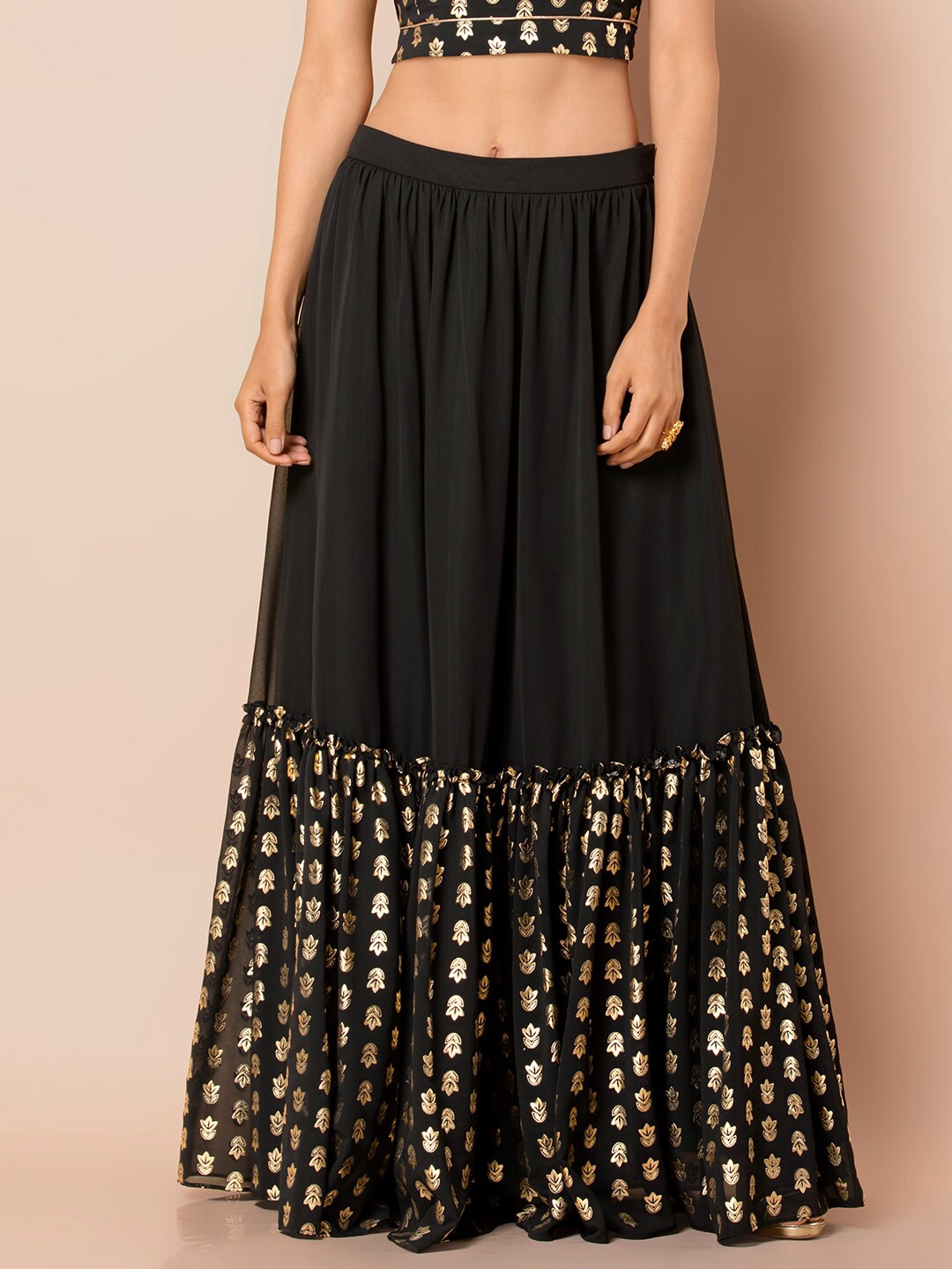 

INDYA Foil Printed Tiered Lehenga Skirt, Black