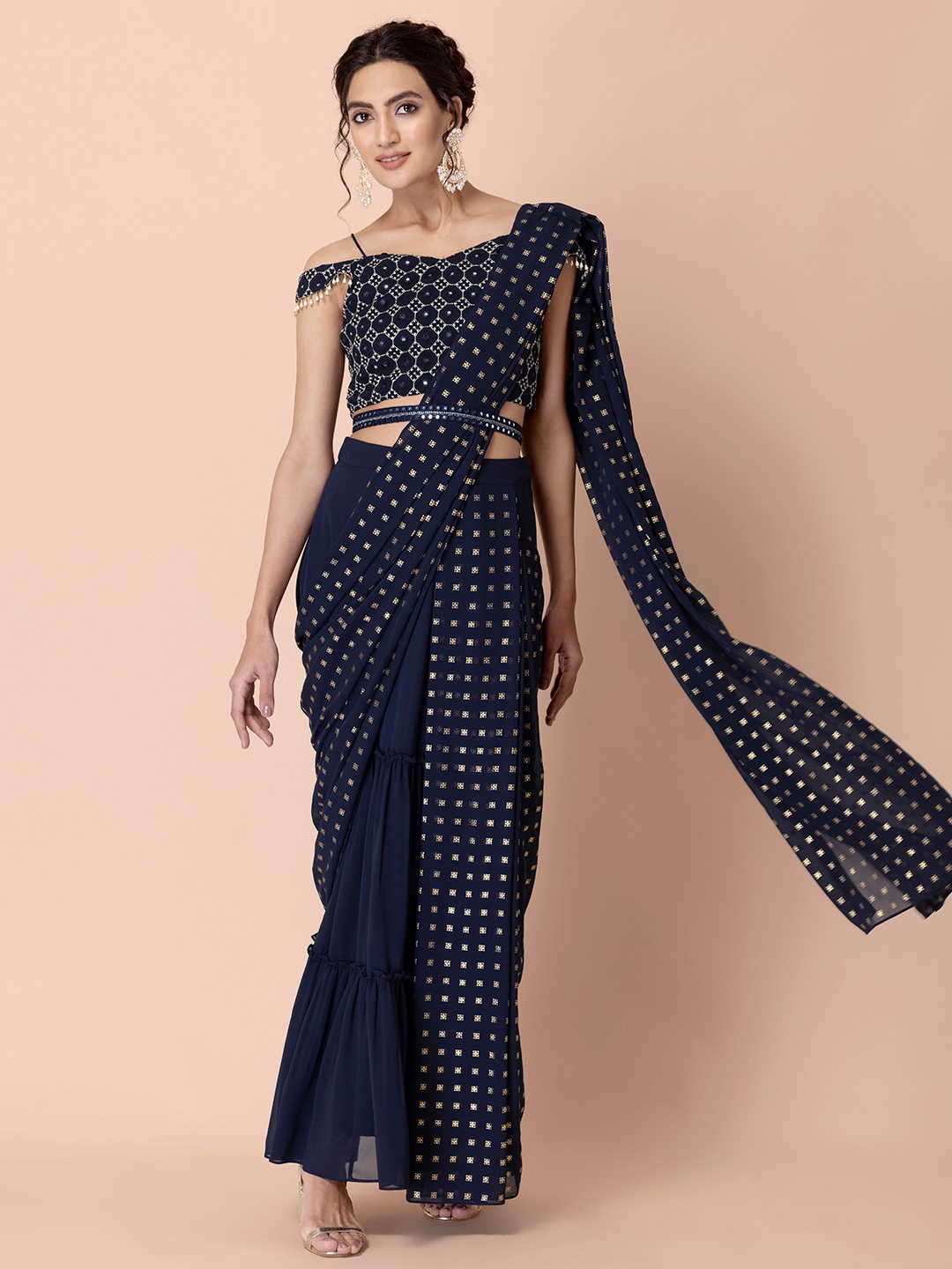 

INDYA Ethnic Motif Printed Belted Pre Draped Saree, Navy blue
