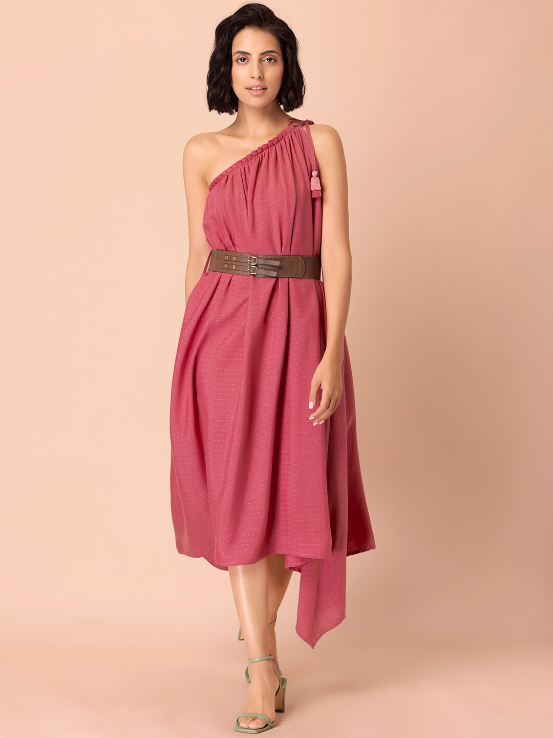 

INDYA One Shoulder Asymmetric Fit & Flare Dress With Belt, Pink