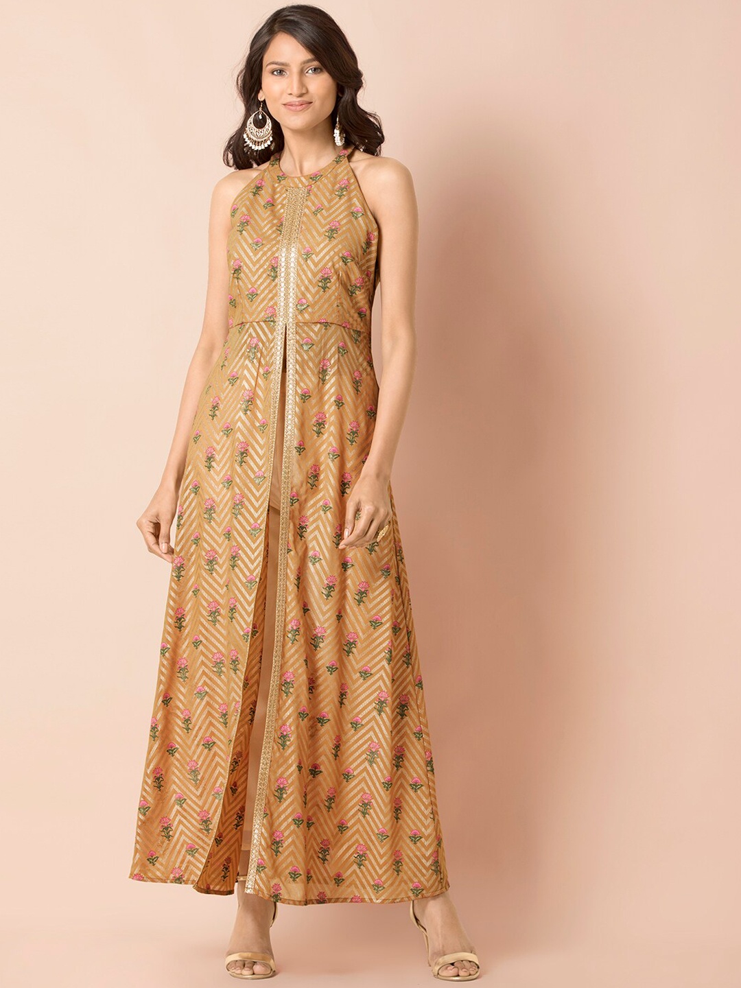 

INDYA Chevron & Floral Printed Halter Neck High Slit Kurta, Yellow