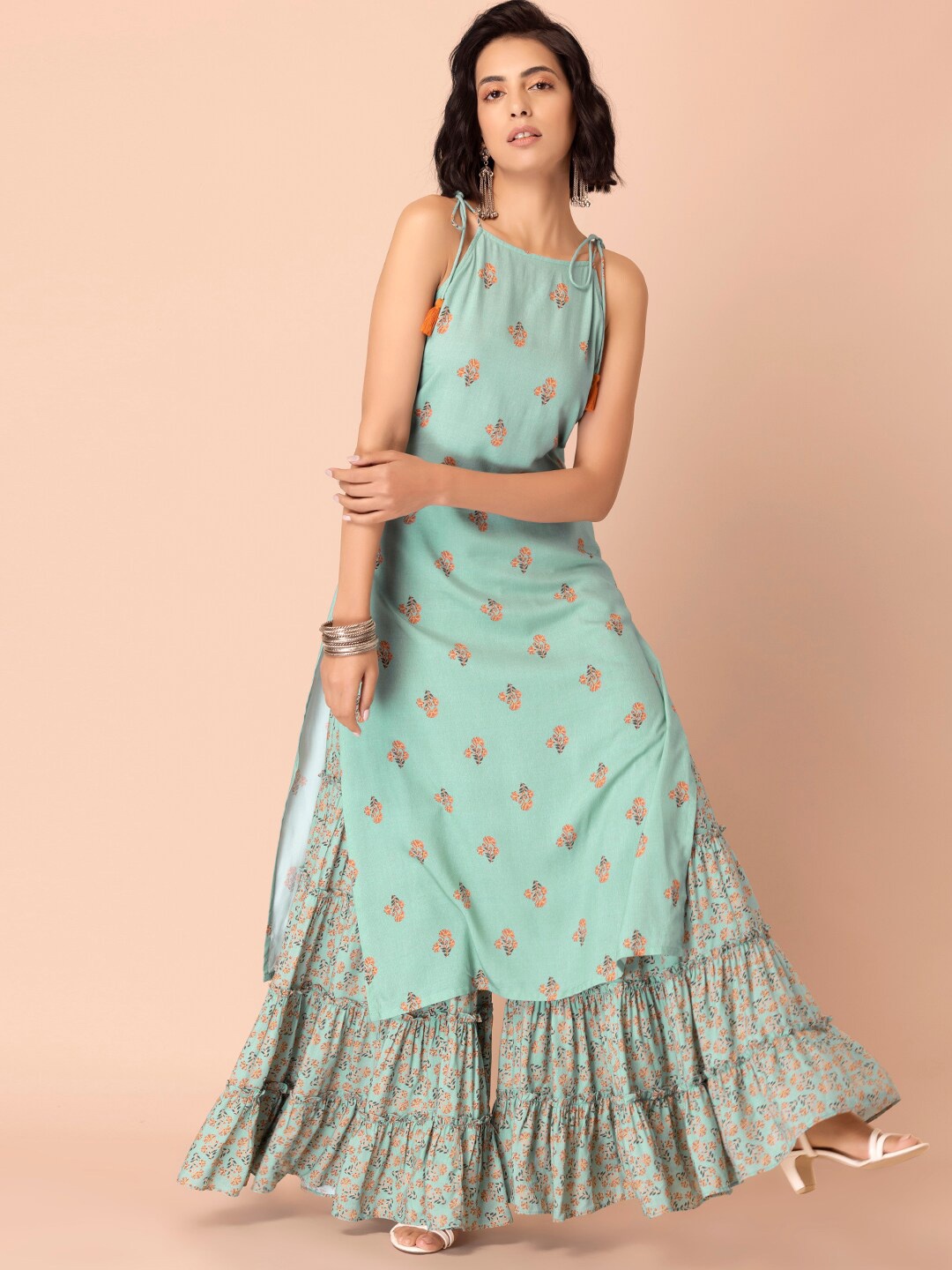 

INDYA Floral Printed Sleeveless Straight Kurta, Sea green