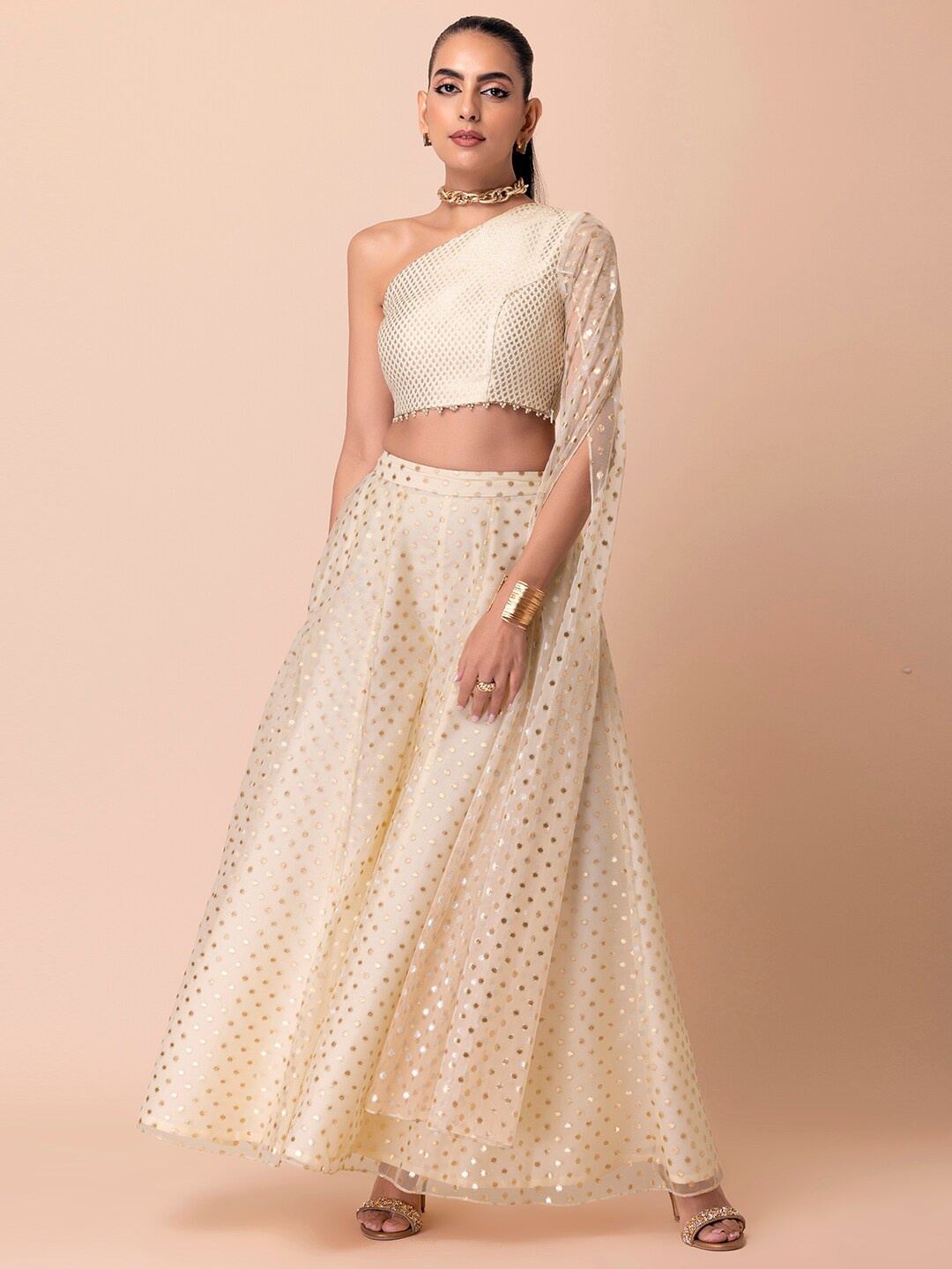 

INDYA X ASHISH SONI Foil-Printed Brocade One Shoulder Crop Top, Beige