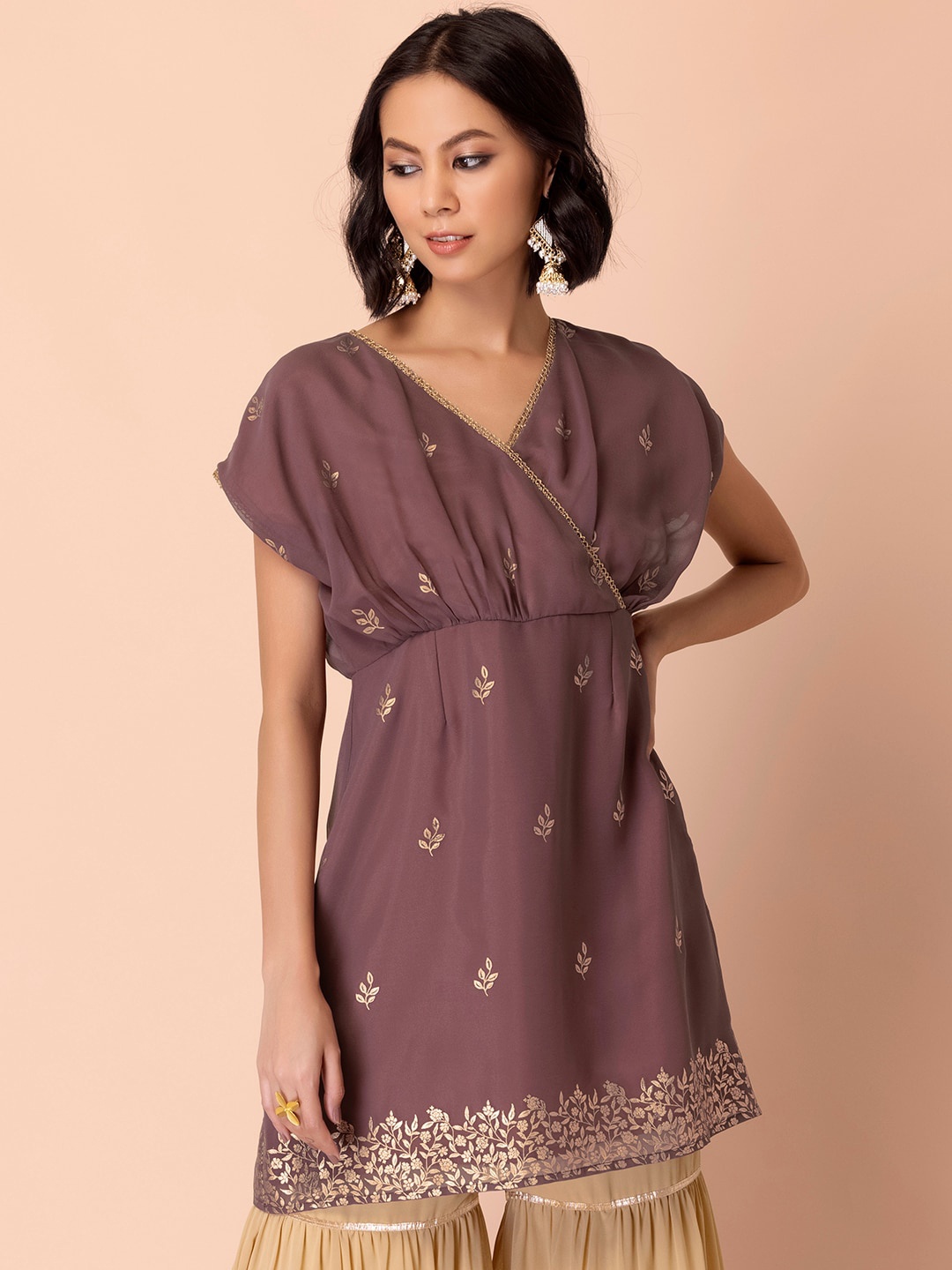 

INDYA Ethnic Motifs Foil Printed Kimono Sleeves Georgette Anarkali Kurta, Mauve