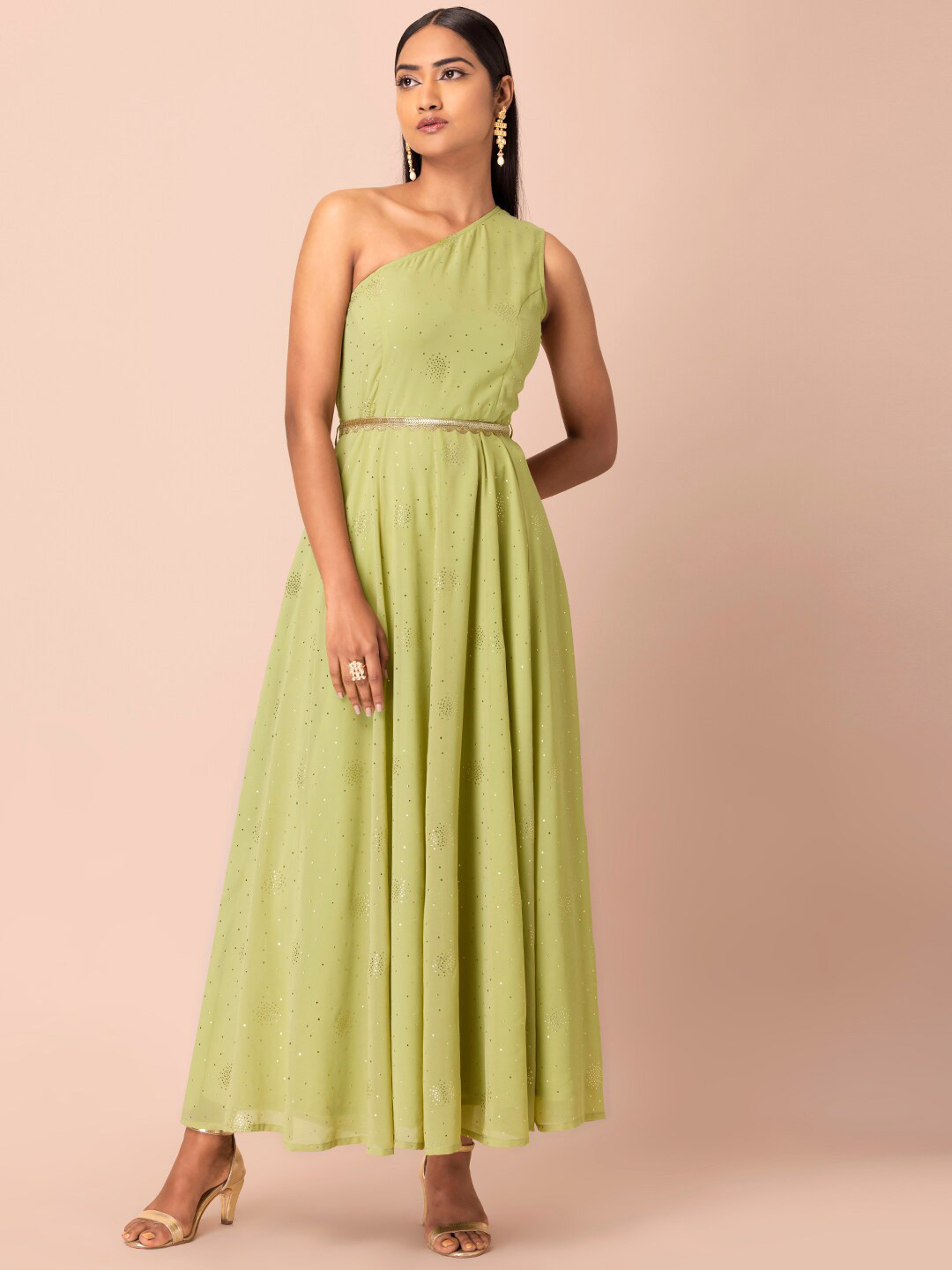 

INDYA Embellished One Shoulder Georgette Maxi Dress, Green