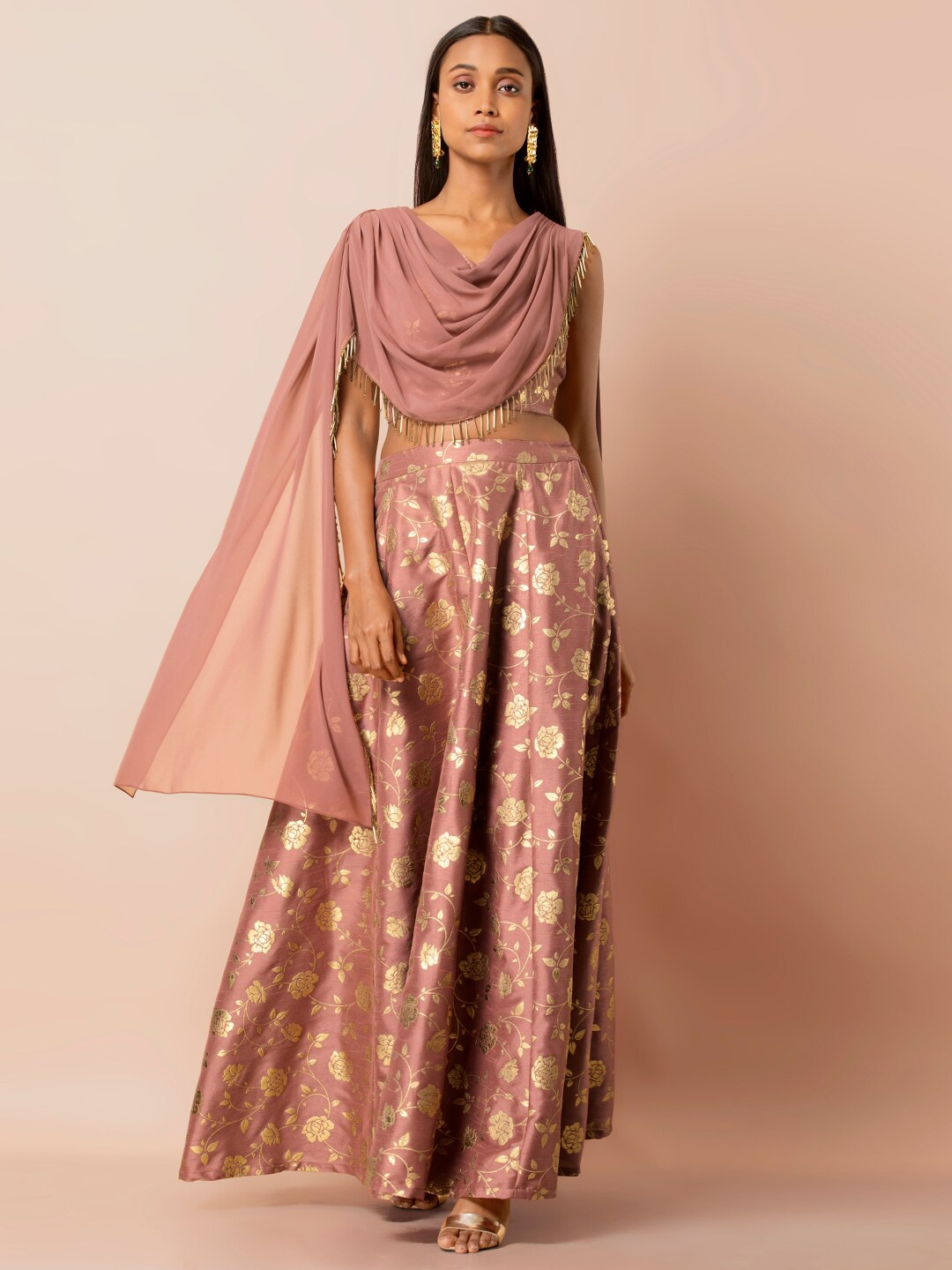 

INDYA Foil Embellished Crop Blouson Top With Dupatta, Pink