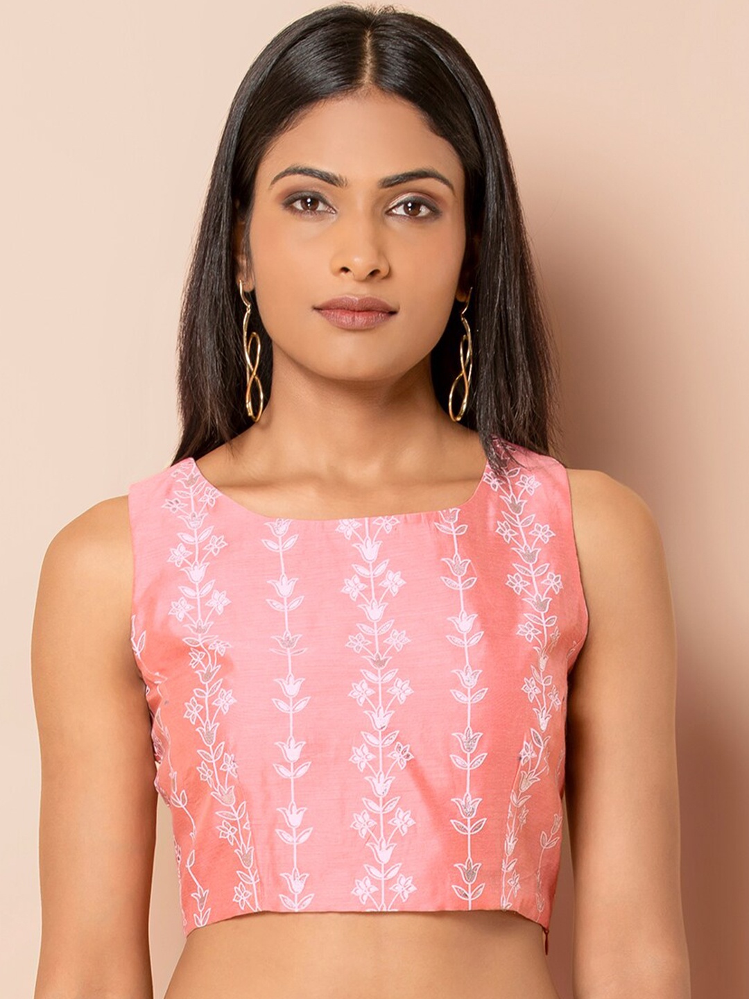 

INDYA Foil-Printed Chanderi Crop Blouson Top, Peach