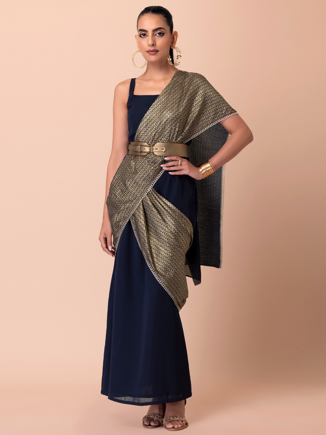 

INDYA X Ashish Soni Foil Print Ready To Wear Belted Saree, Navy blue