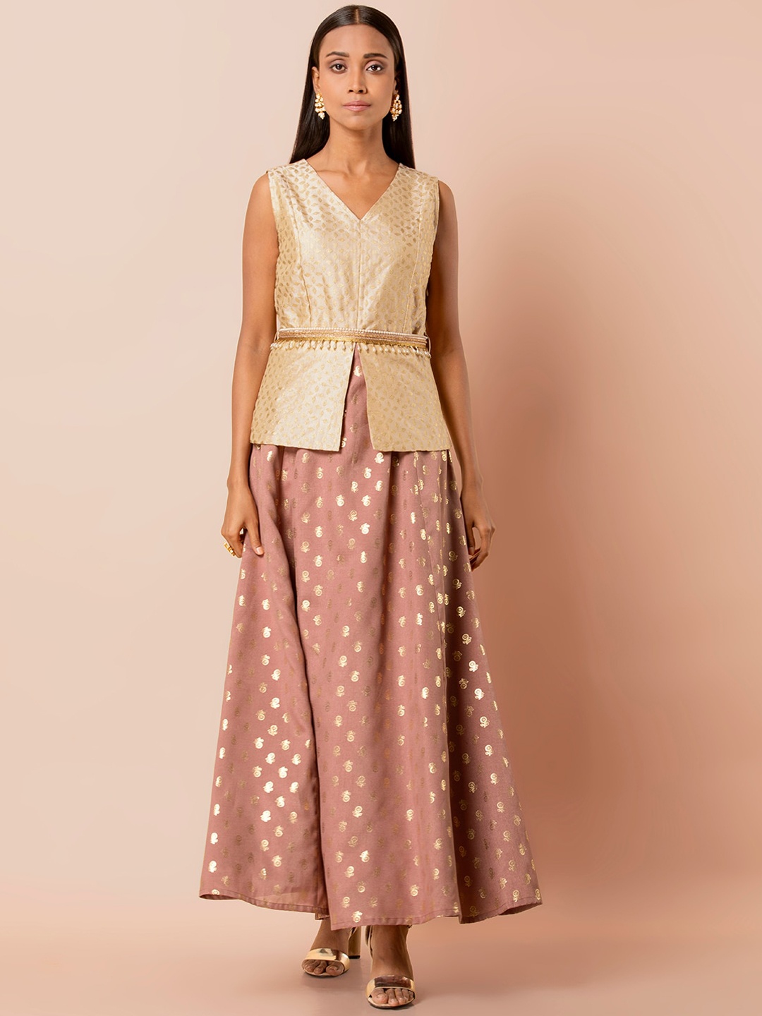 

INDYA Woven Design Belted Peplum Layered Kurta, Beige
