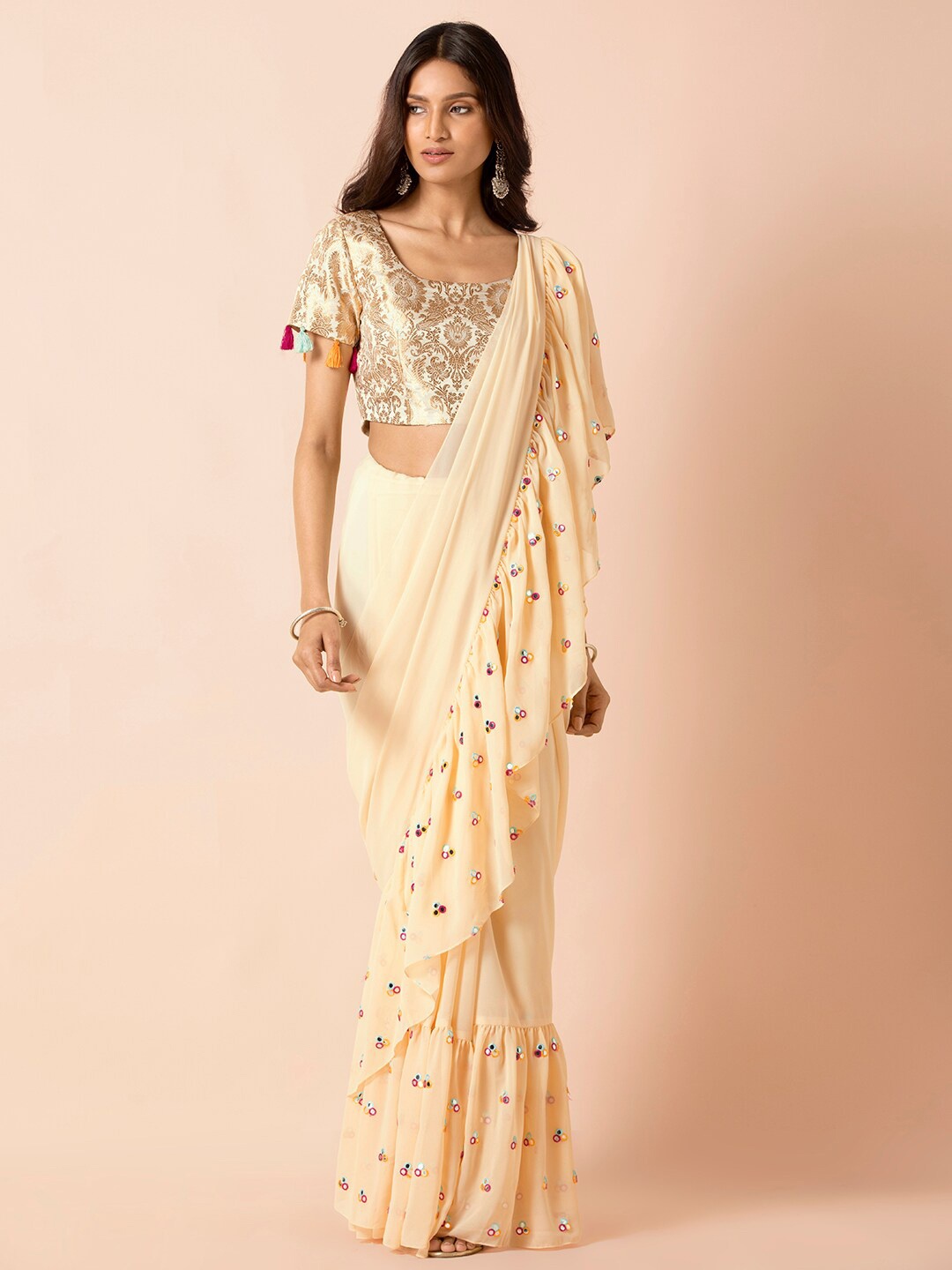 

INDYA Payal Singhal Mirror Work Embroidered Ruffle Saree, Cream