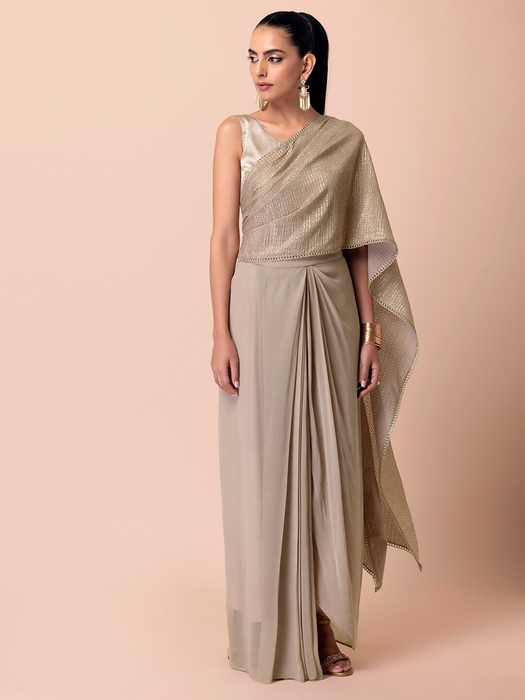 

INDYA Foil Printed Ready To Wear Saree, Beige