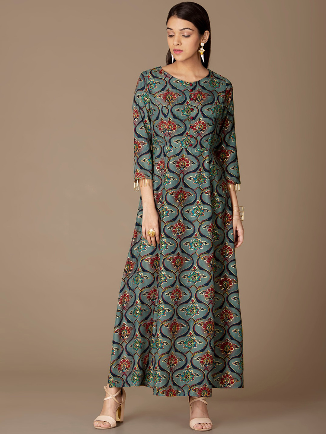 

INDYA Paneled Fringe Trim Ethnic Motifs Printed Thread Work Anarkali Kurta, Green