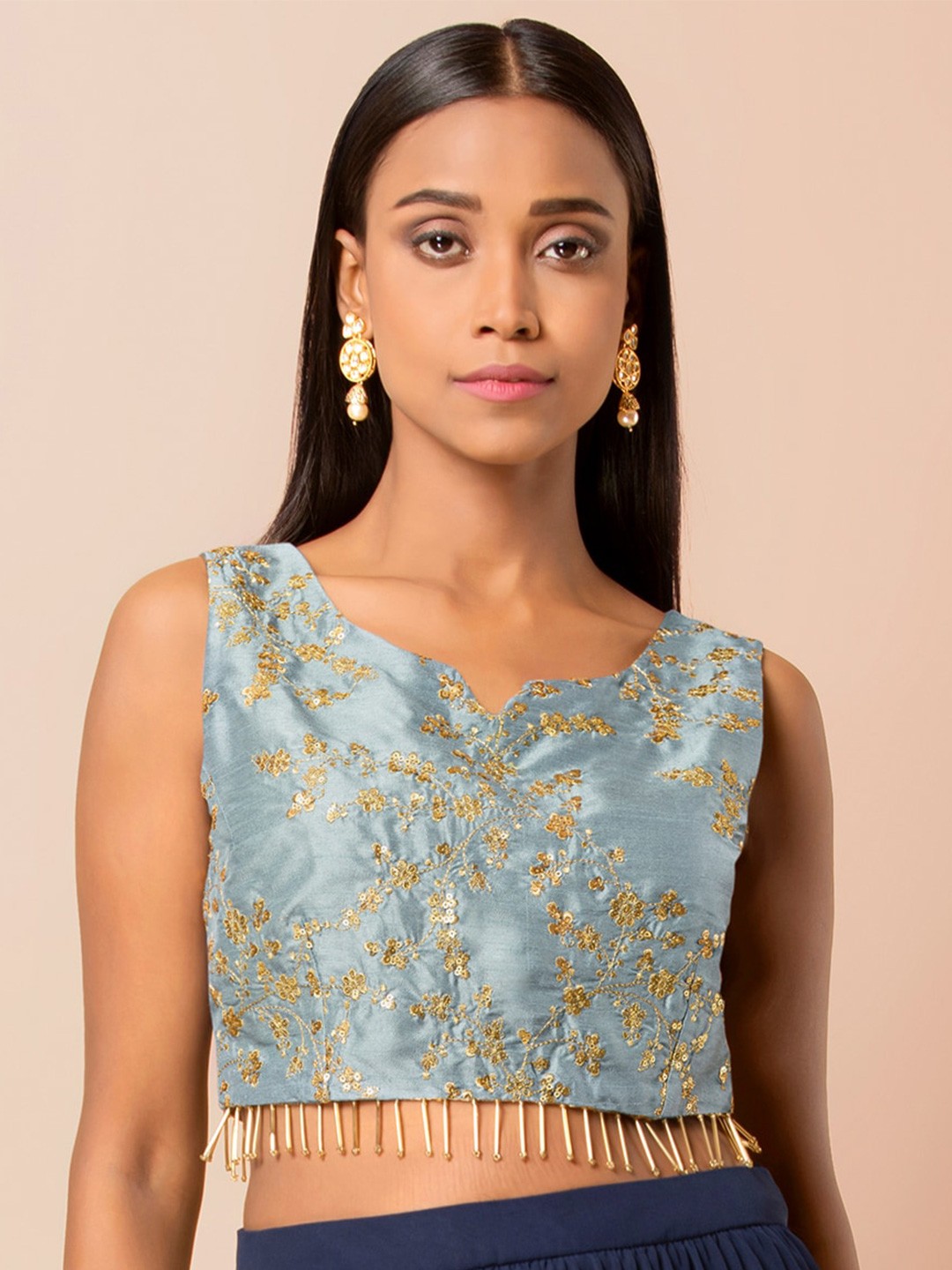 

INDYA Floral Sequin Embroidered Crop Top, Grey