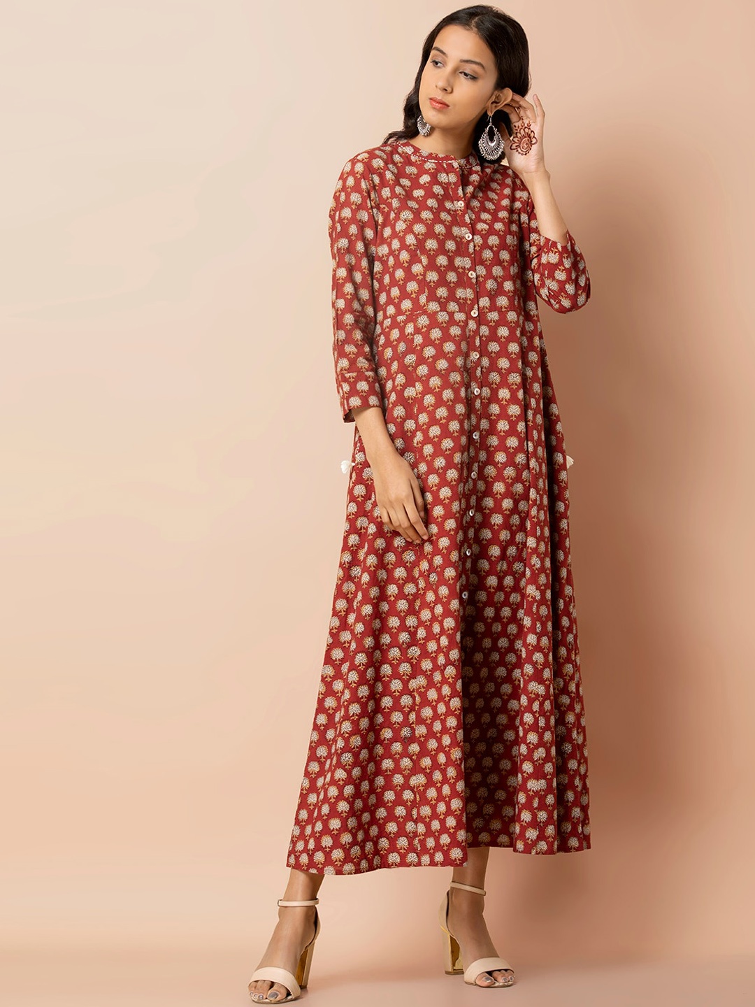 

INDYA Floral Printed Pure Cotton A-Line Kalidar Kurta, Maroon