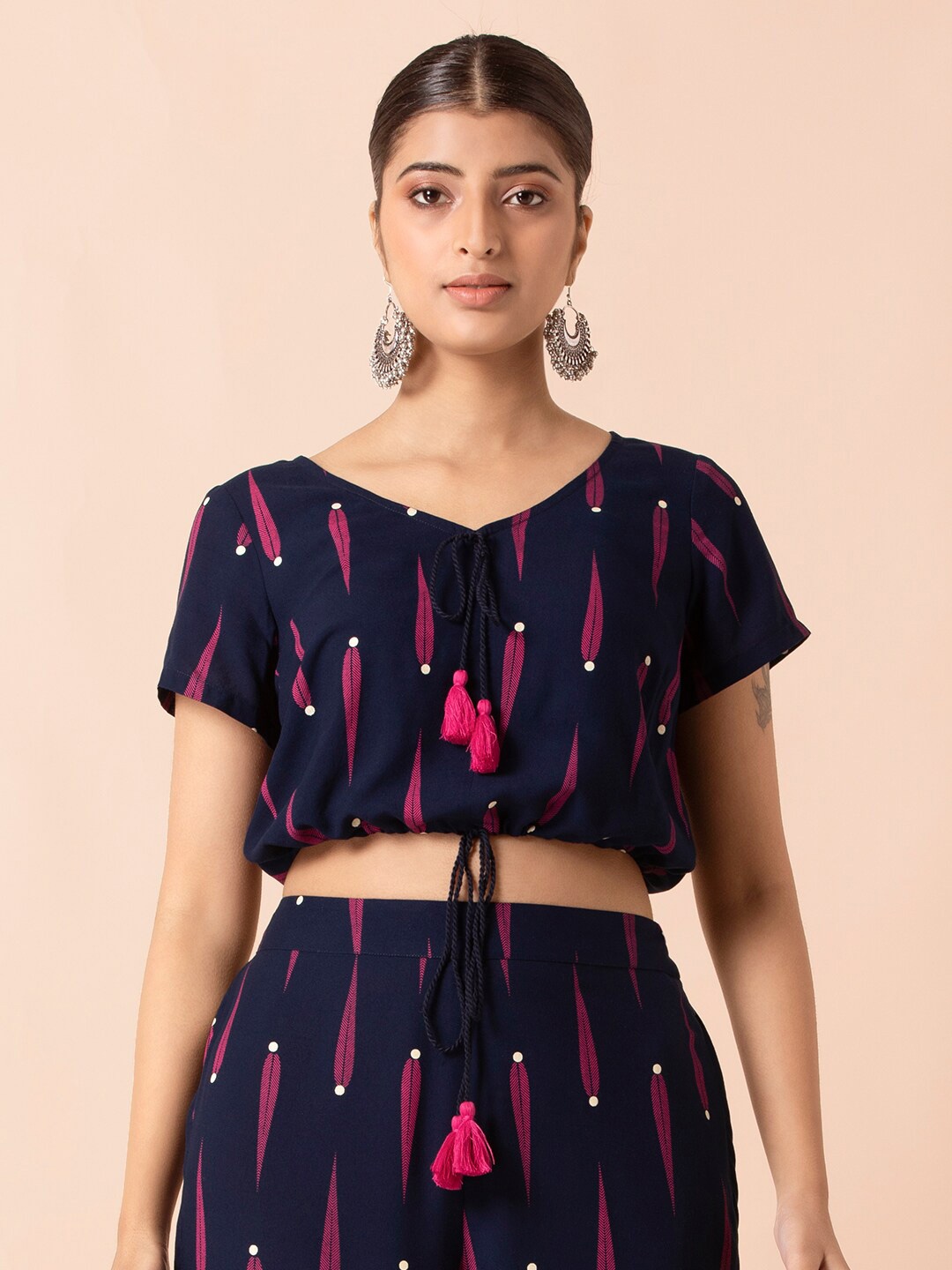 

INDYA Printed V-Neck Drawstring Waist Crop Top, Navy blue
