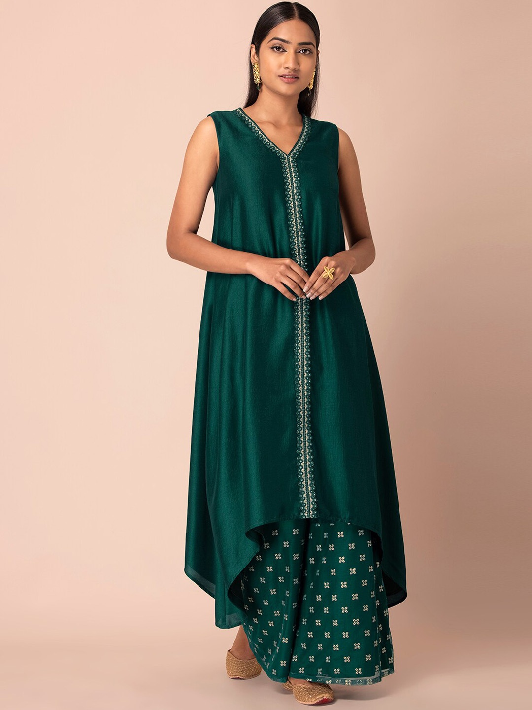 

INDYA Lace Detailed High & Low Kurta, Green