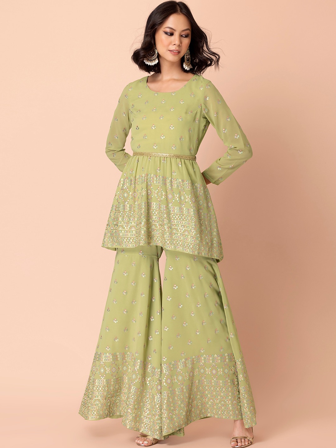

INDYA Ethnic Foil Printed A-Line Short Kurti With Sharara & Belt, Green