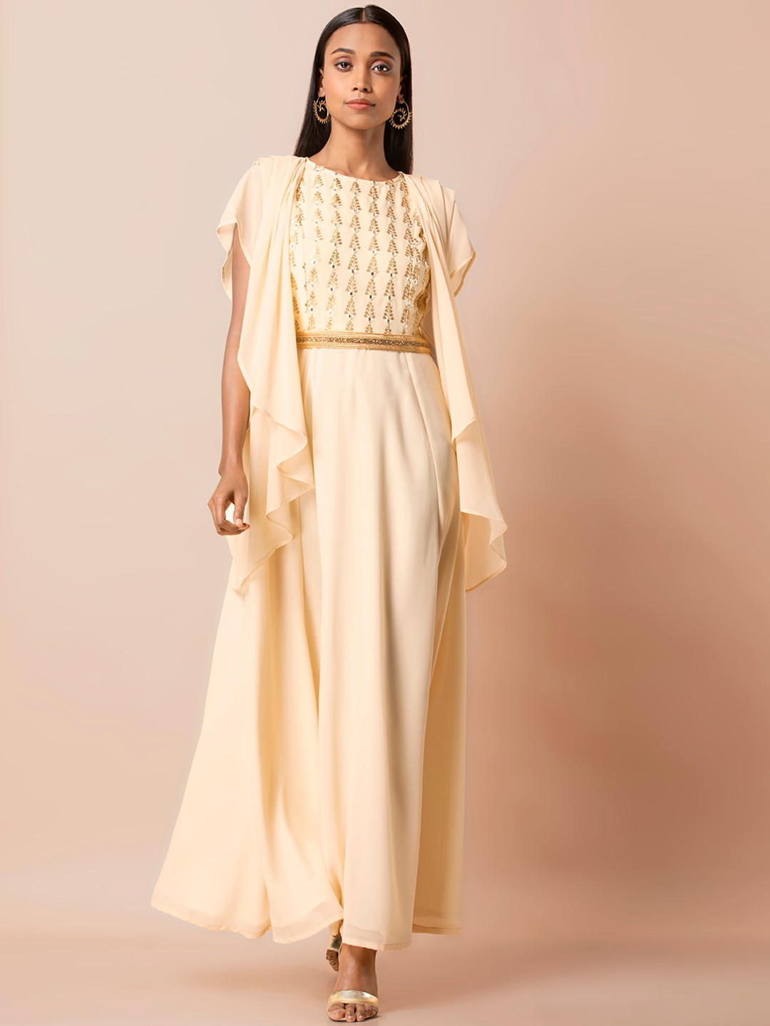 

INDYA Yoke Design Flared Sleeves Georgette Anarkali Kurta with Belted Jacket, Cream