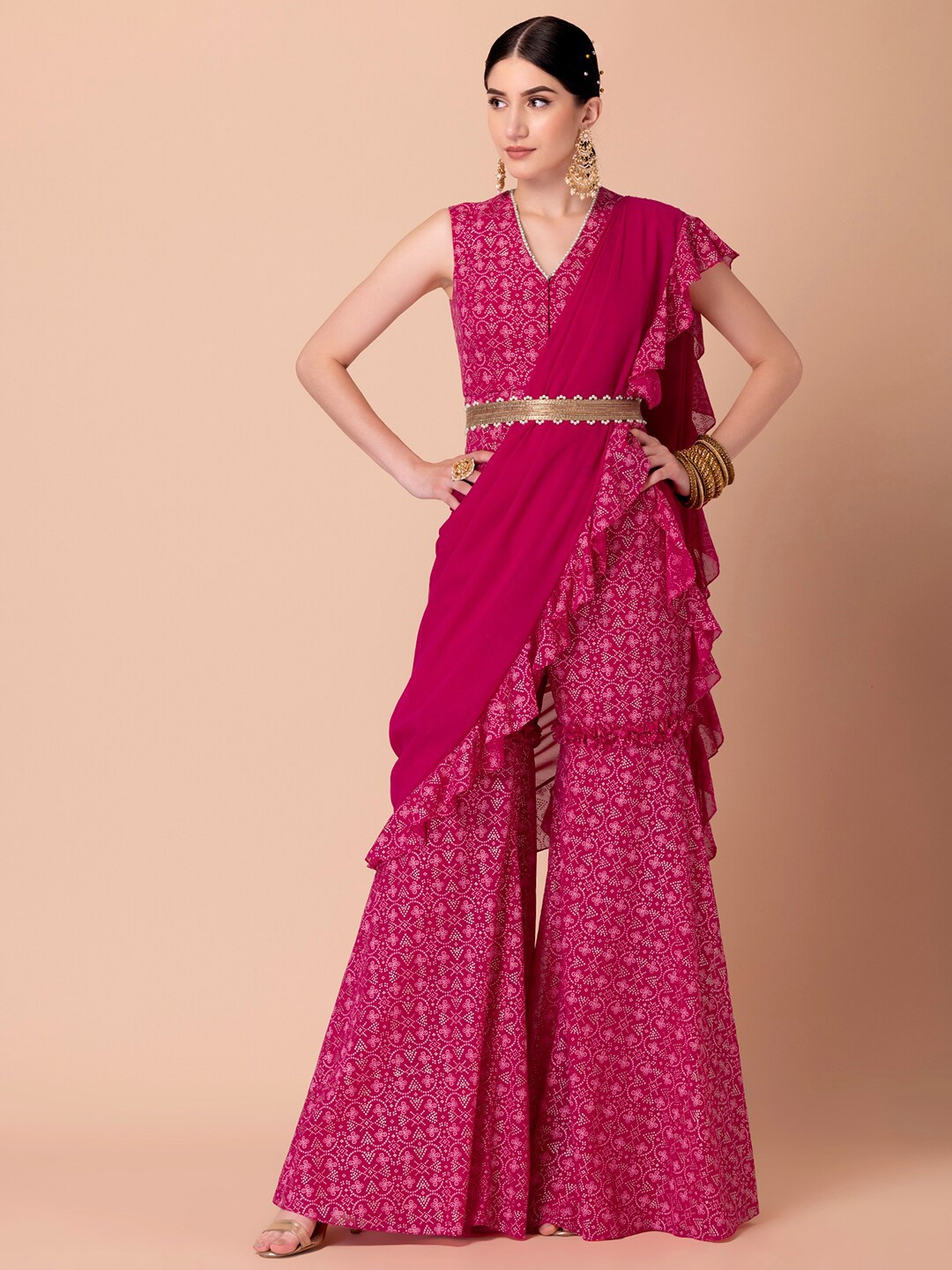 

INDYA Women Pink Printed Top with Palazzos