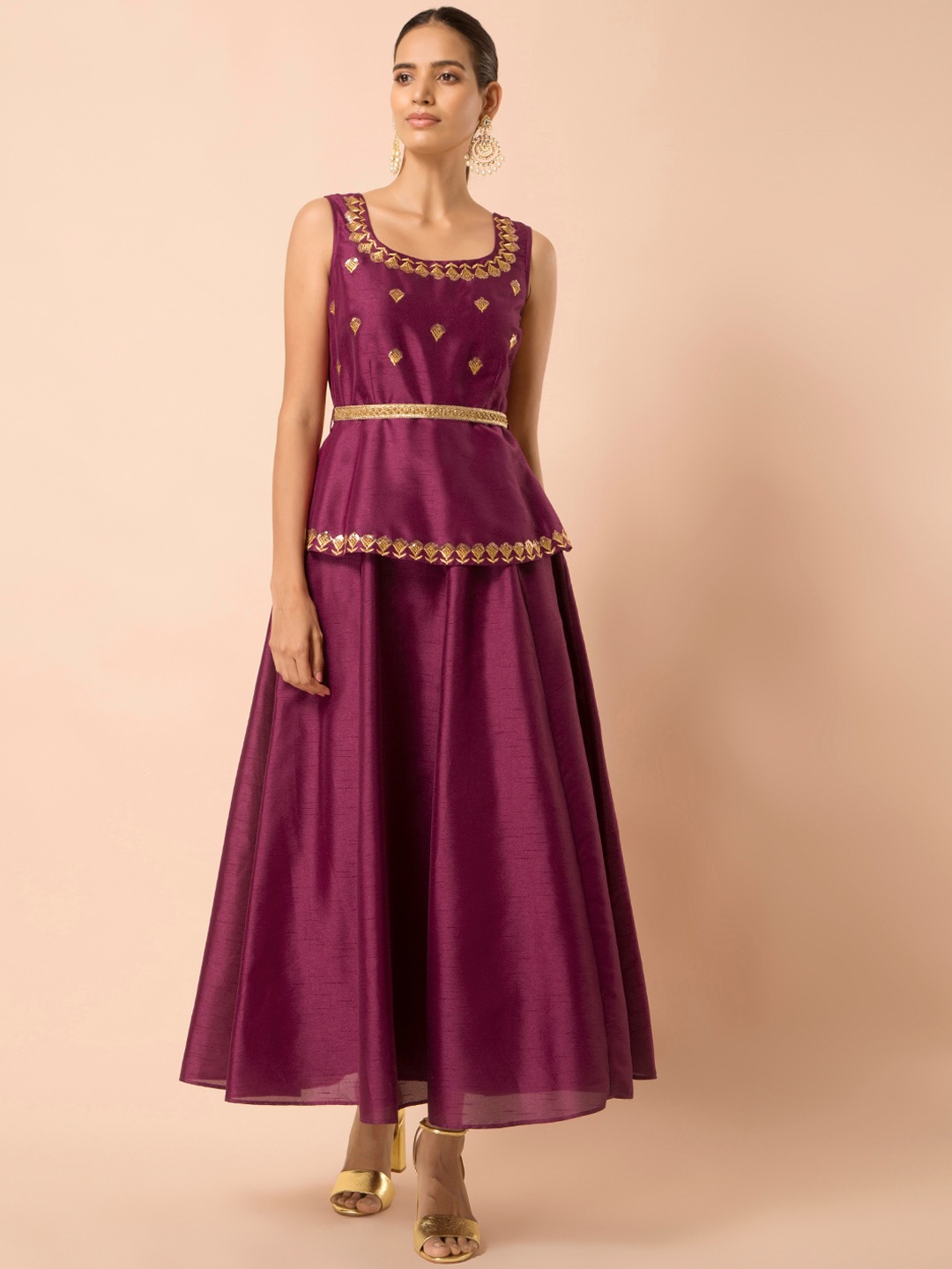 

INDYA Floral Embroidered Belted Peplum Layered Kurta, Purple