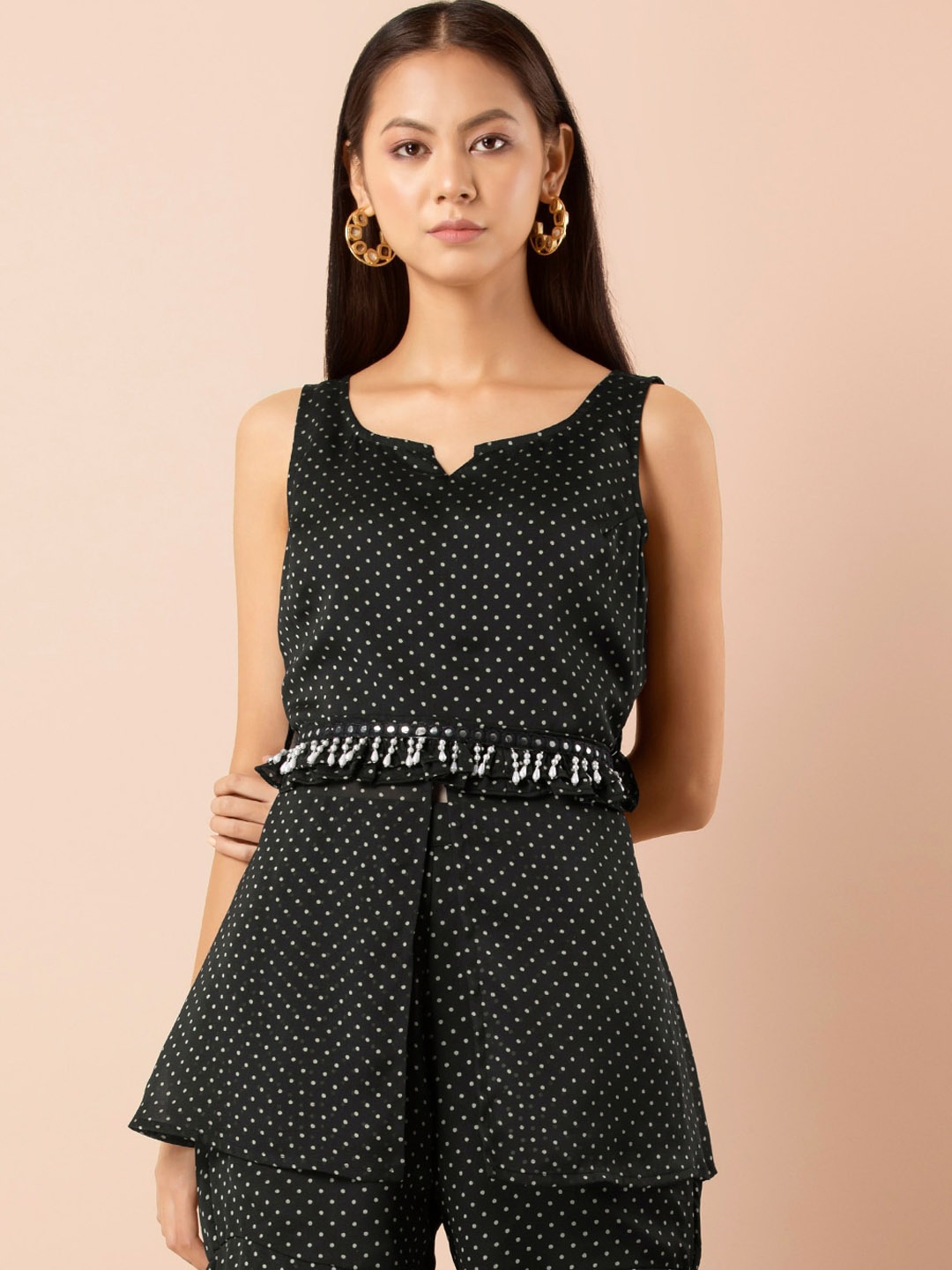 

INDYA Polka Dots Printed Georgette Short Kurti with Attached Fringe Belt, Black