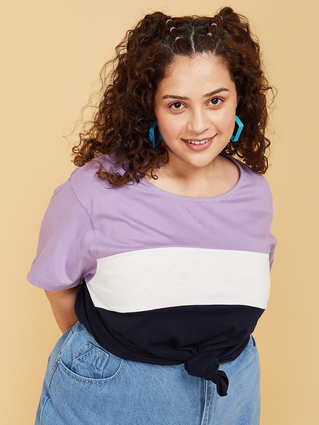 

max Plus Size Colourblocked Pure Cotton Styled Back Top, Purple