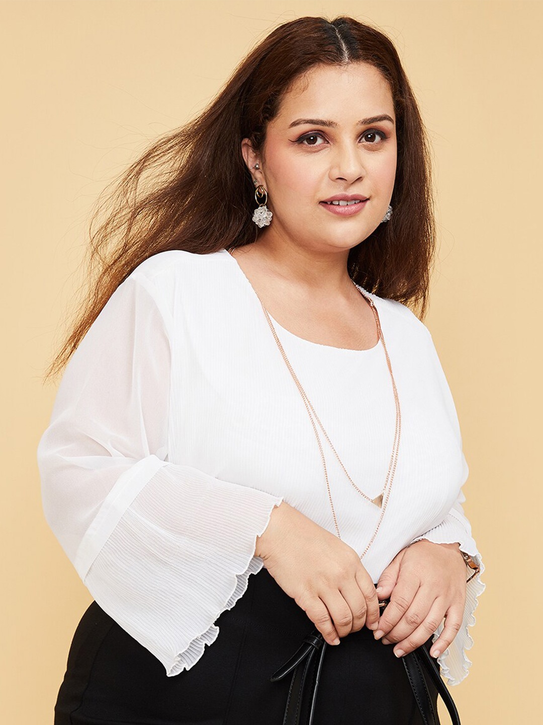 

max Plus Size Round Neck Bell Sleeves Top, White
