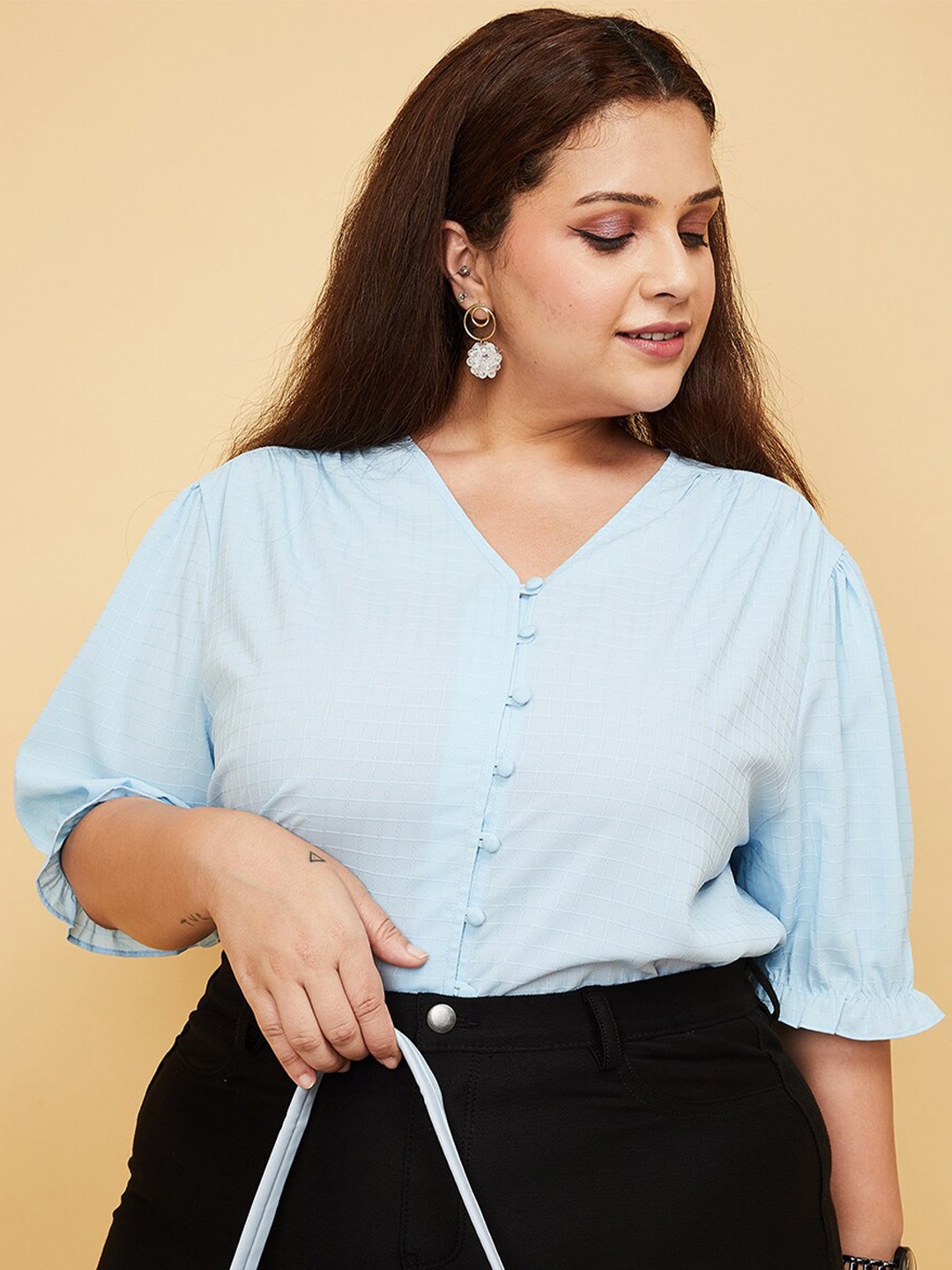 

max Plus Size Puff Sleeves Shirt Style Top, Blue