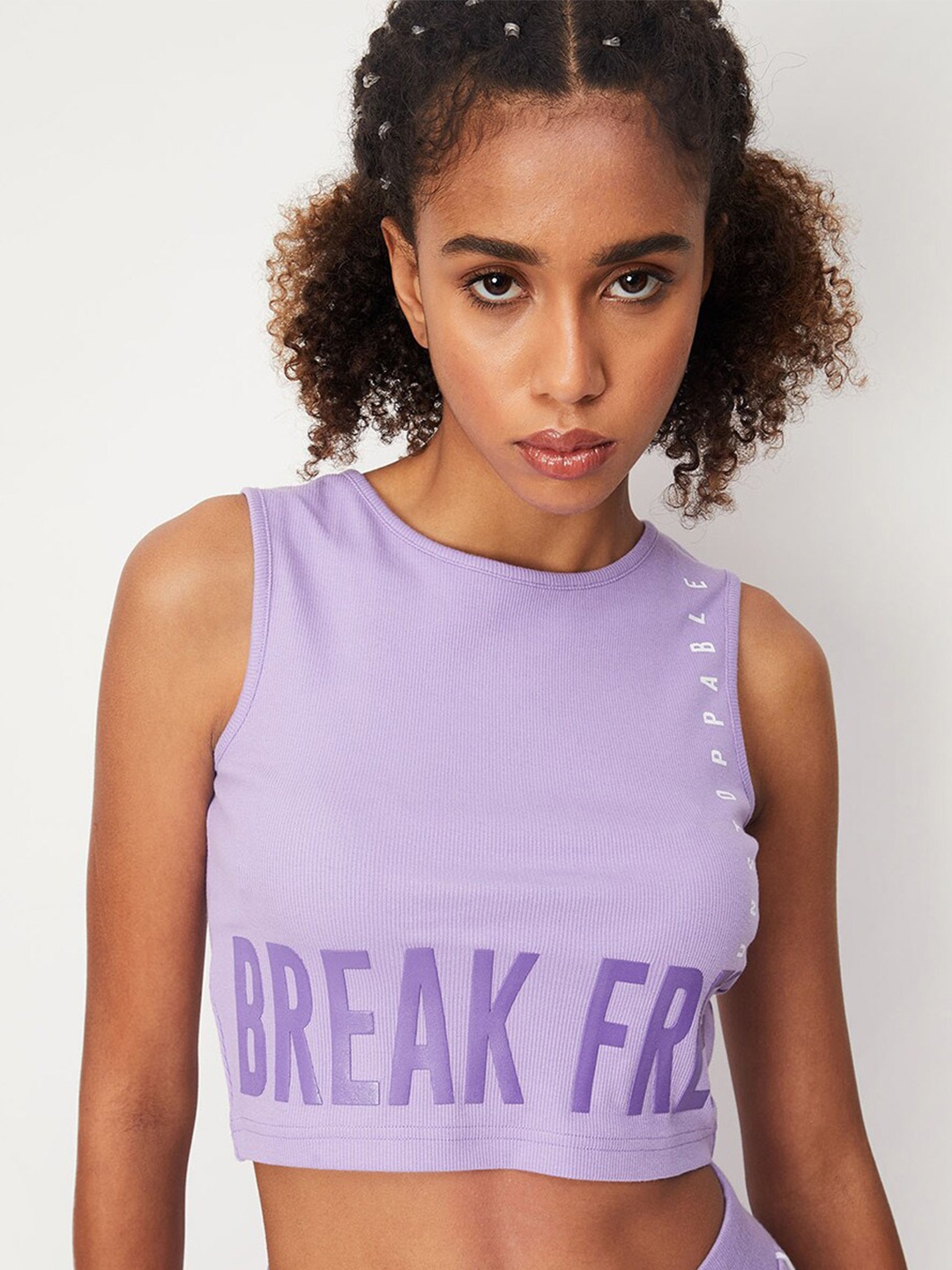 

max Typography printed Sleeveless Cotton Crop Top, Purple