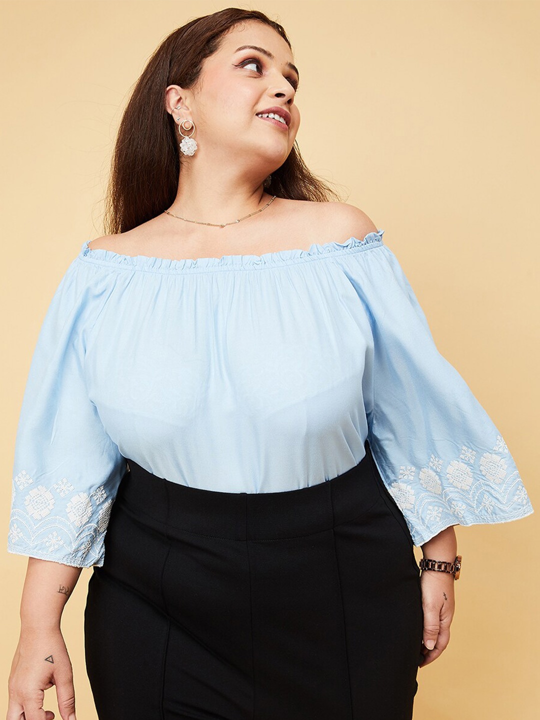 

max Plus Size Embroidered Flared Sleeves Bardot Top, Blue