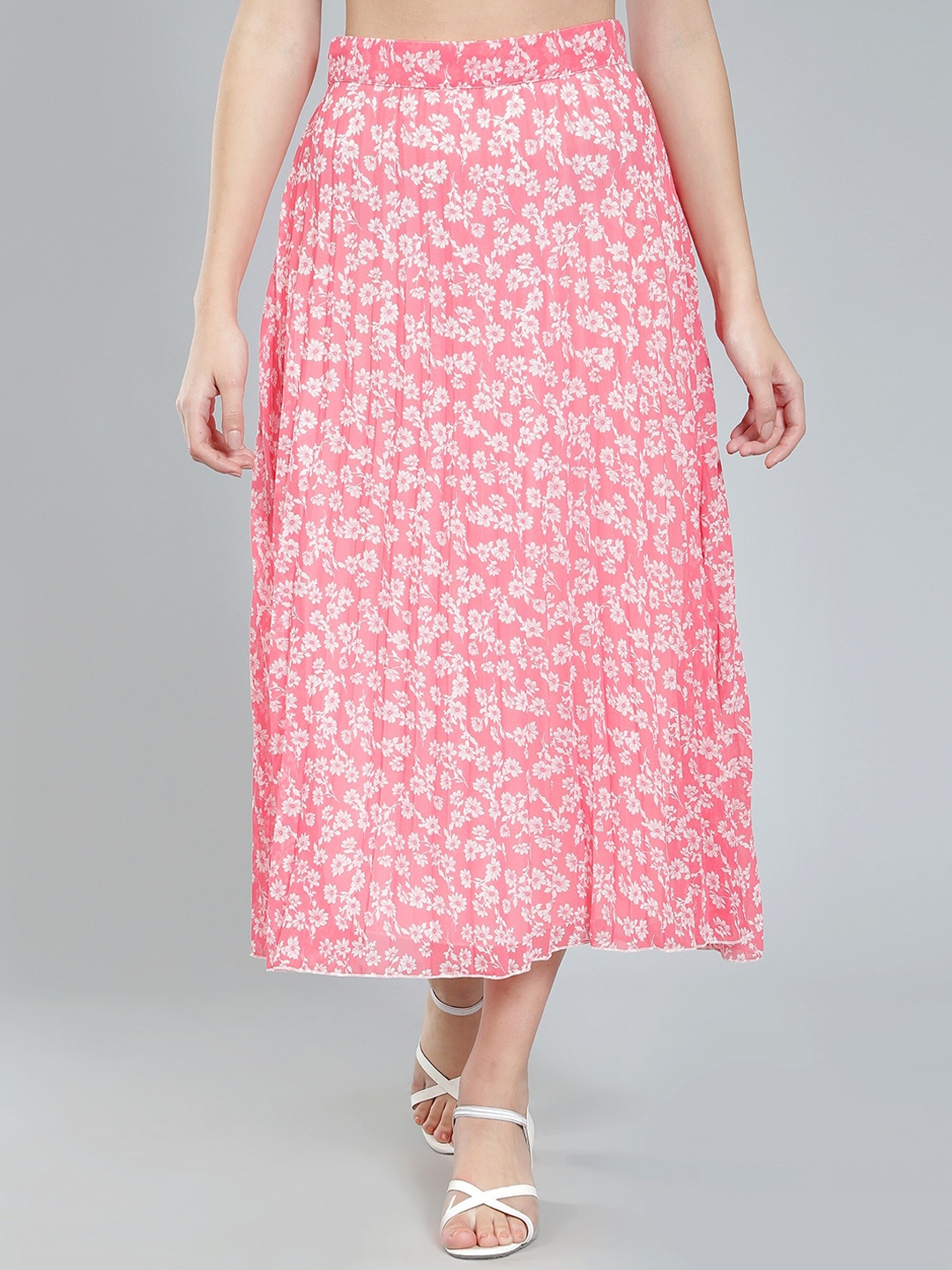 

NUEVOSDAMAS Floral Printed Georgette Midi Flared Skirt, Pink