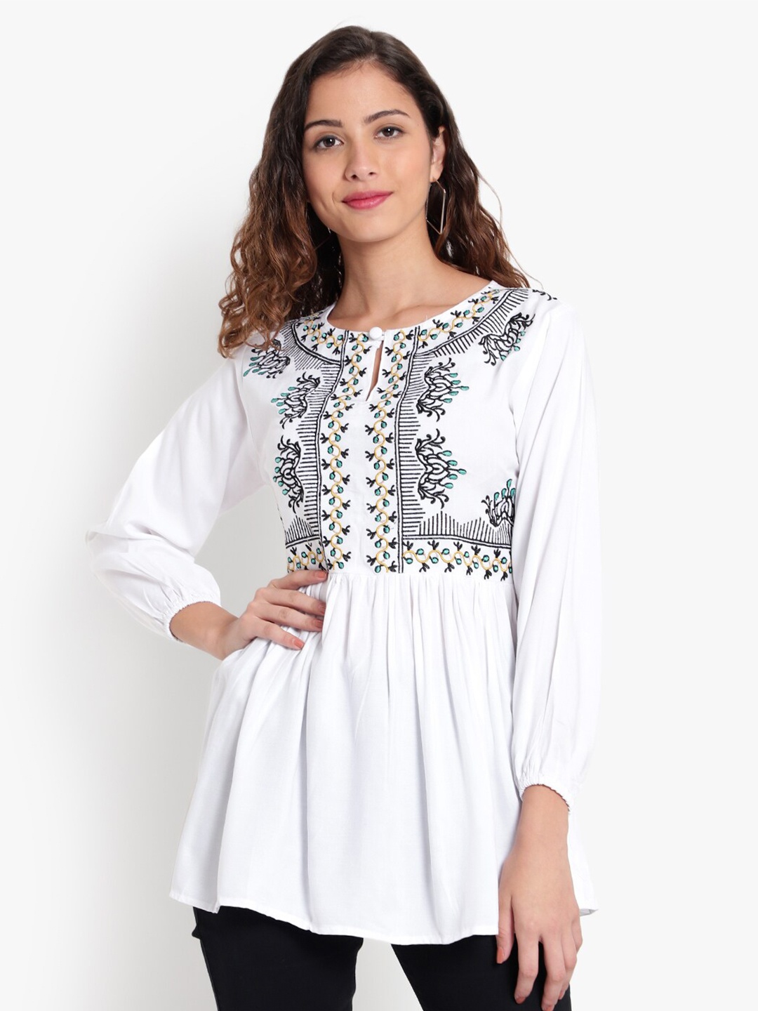 

Indietoga Embroidered Regular Fit Rayon Longline Top, White