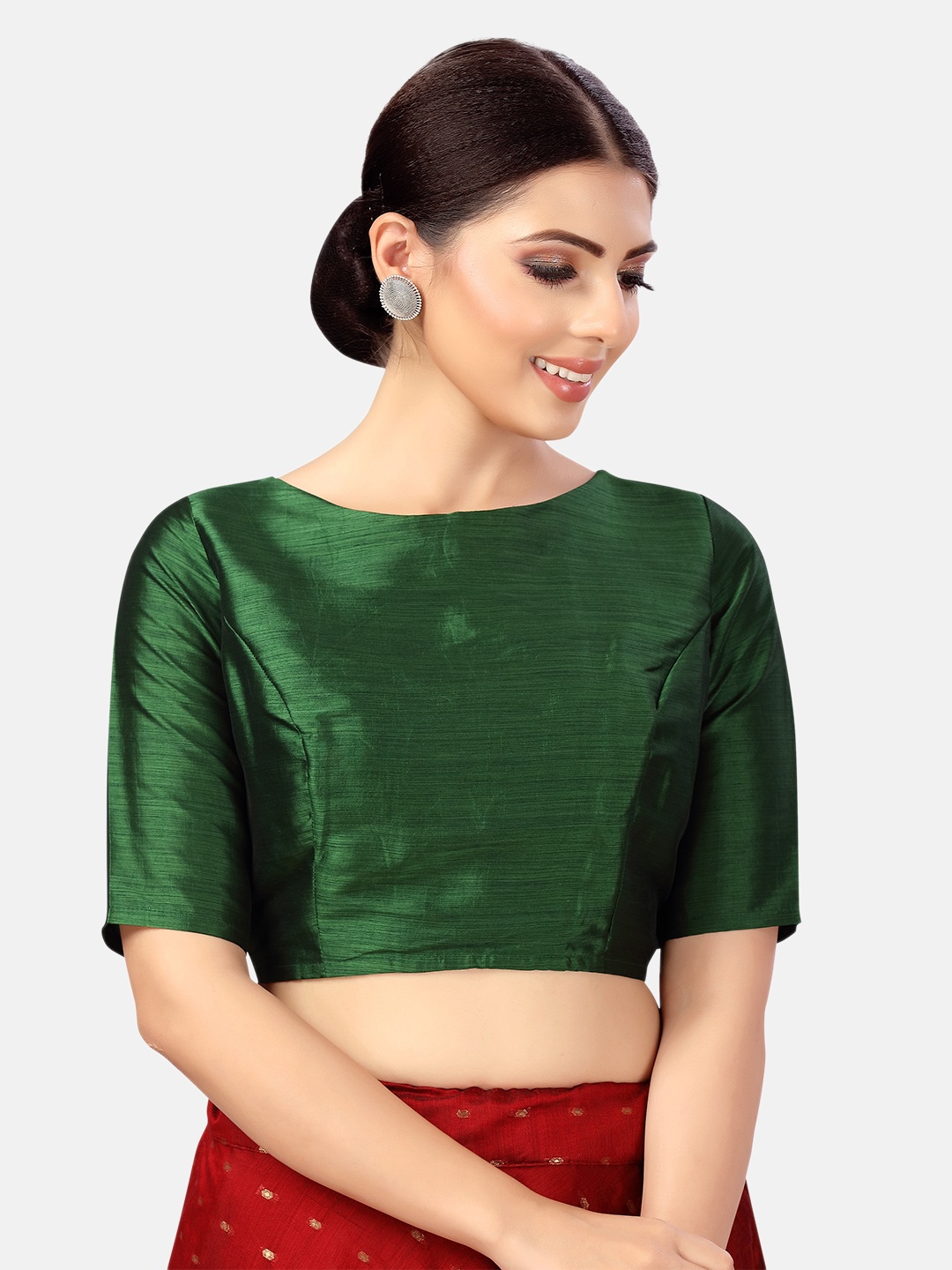 

Studio Shringaar Boat Neck Elbow Length Sleeves Saree Blouse, Green