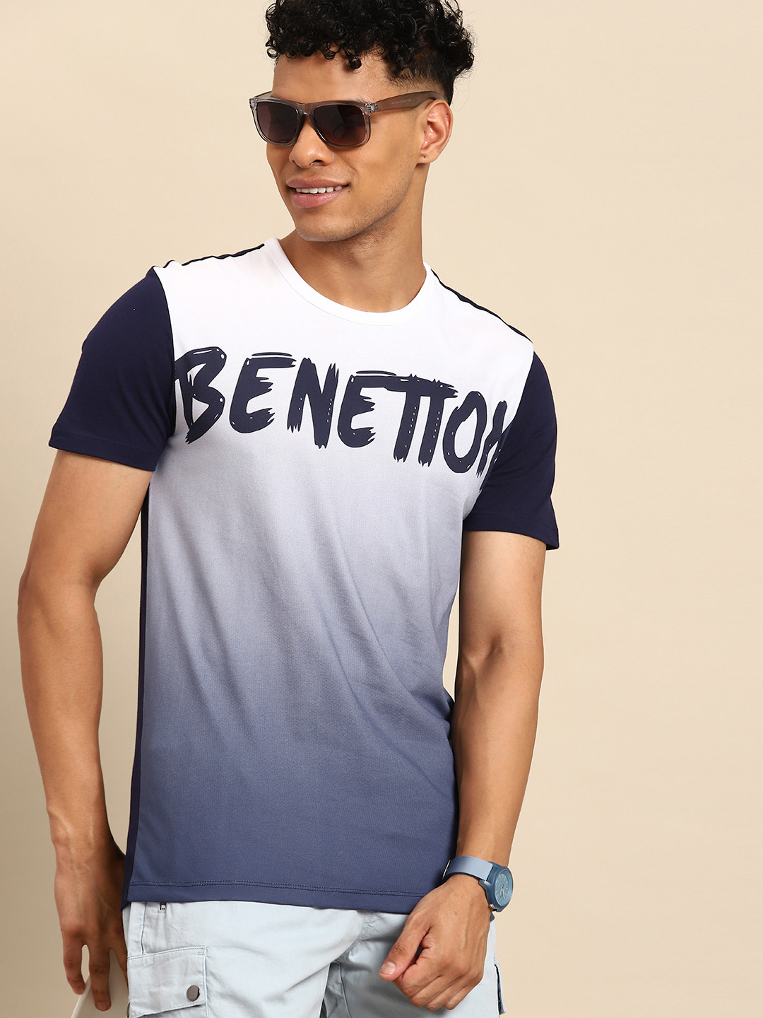 

United Colors of Benetton Dyed & Printed Pure Cotton T-shirt, Navy blue