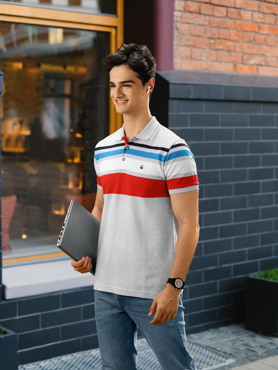 

United Colors of Benetton Striped Polo Collar Pure Cotton T-shirt, Grey