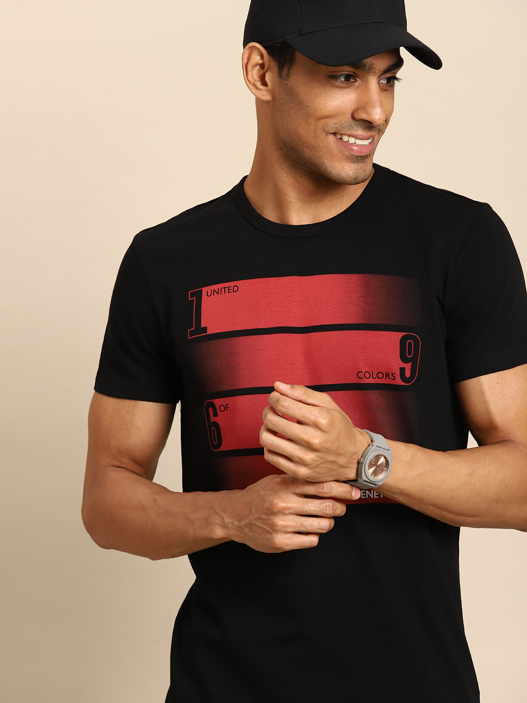 

United Colors of Benetton Colourblocked Pure Cotton T-shirt, Black