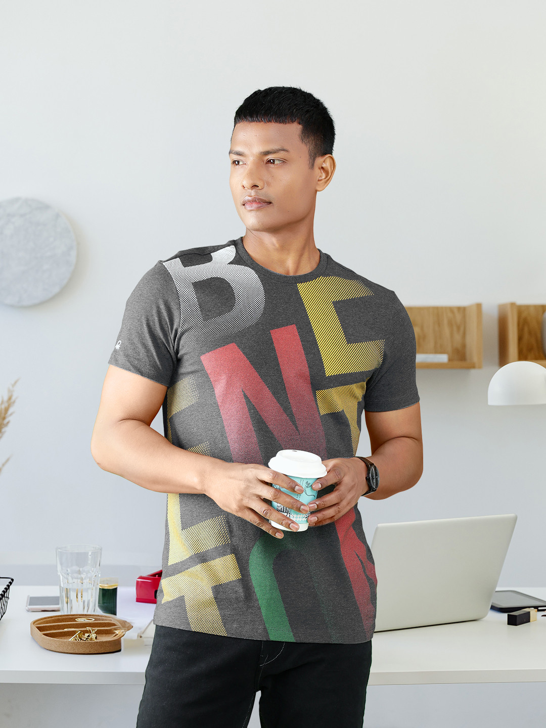 

United Colors of Benetton Typography Printed Pure Cotton T-shirt, Charcoal
