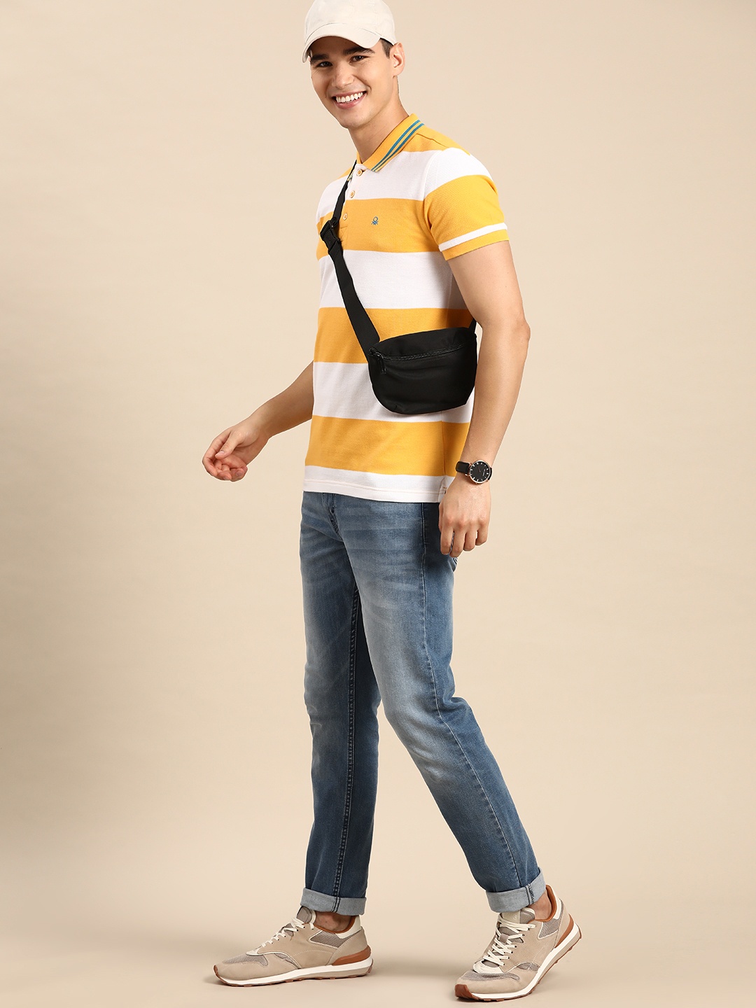 

United Colors of Benetton Pure Cotton Striped Polo Collar T-shirt, Yellow