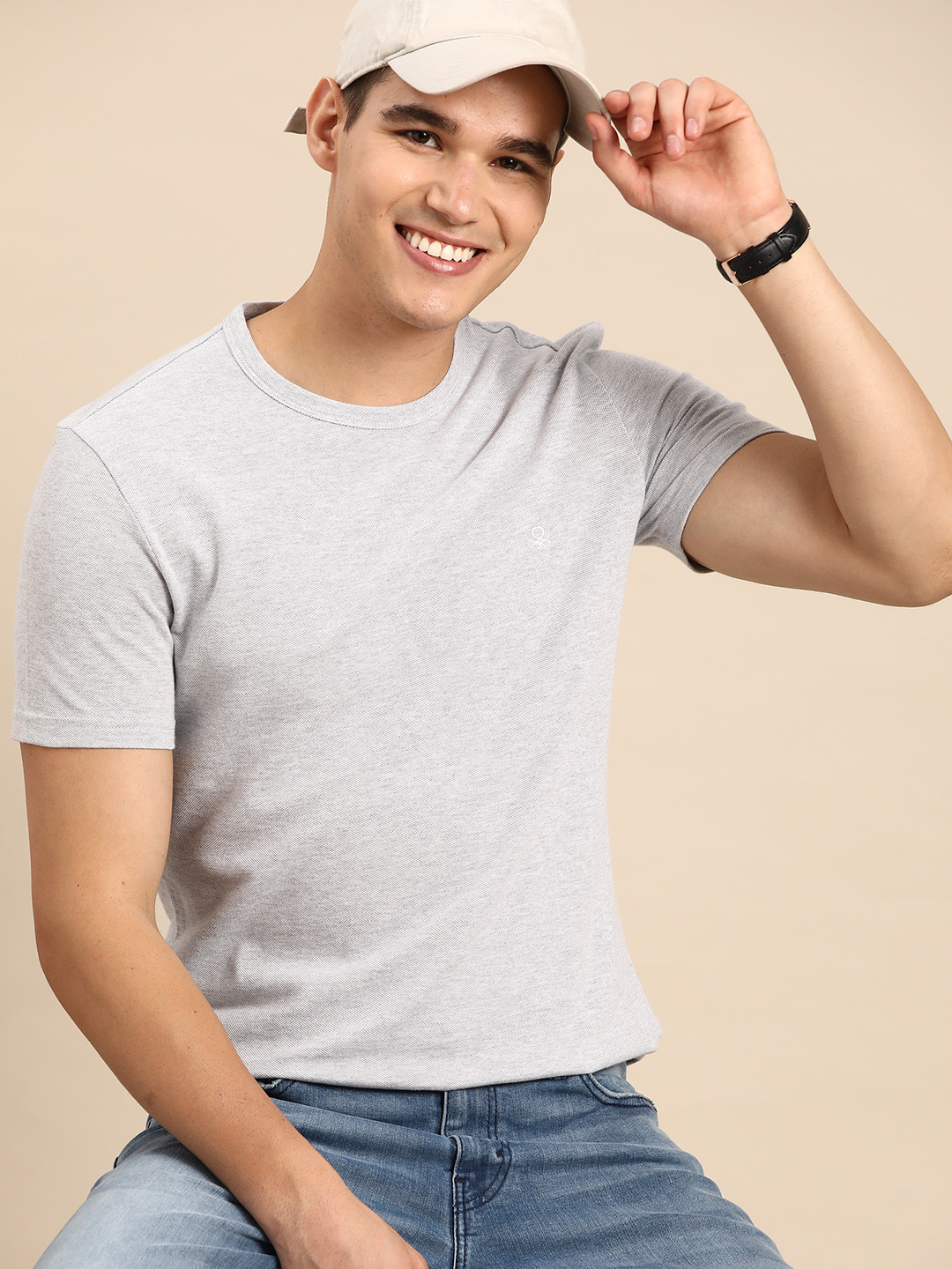 

United Colors of Benetton Round Neck Pure Cotton T-shirt, Grey melange