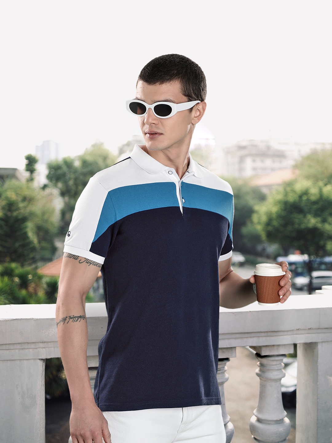 

United Colors of Benetton Striped Polo Collar Pure Cotton T-shirt, Navy blue