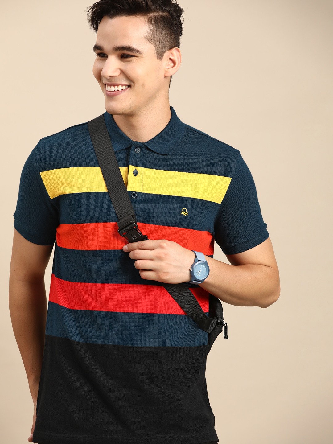 

United Colors of Benetton Striped Polo Collar Pure Cotton T-shirt, Teal