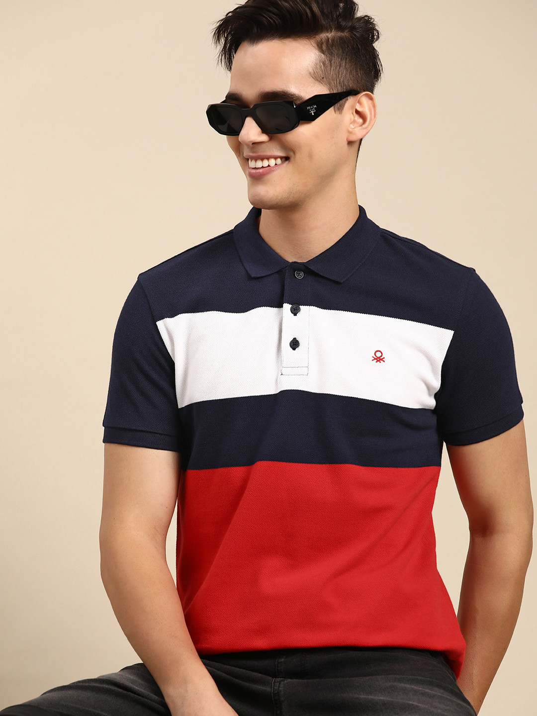 

United Colors of Benetton Colourblocked Polo Collar Pure Cotton T-shirt, Navy blue