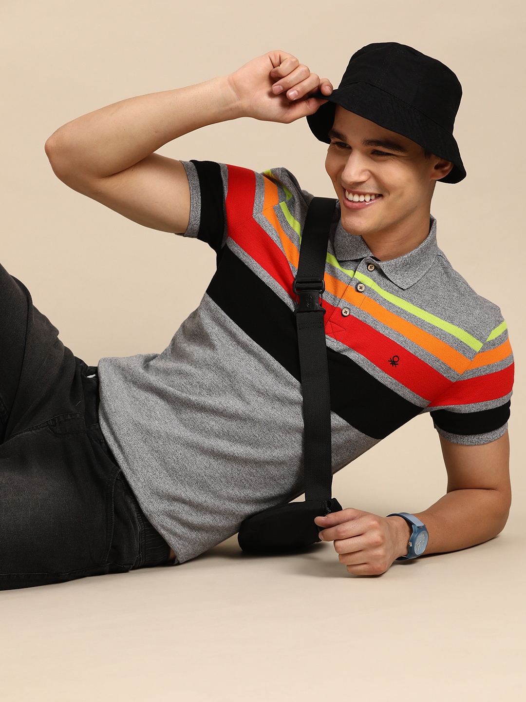

United Colors of Benetton Striped Polo Collar Pure Cotton T-shirt, Grey