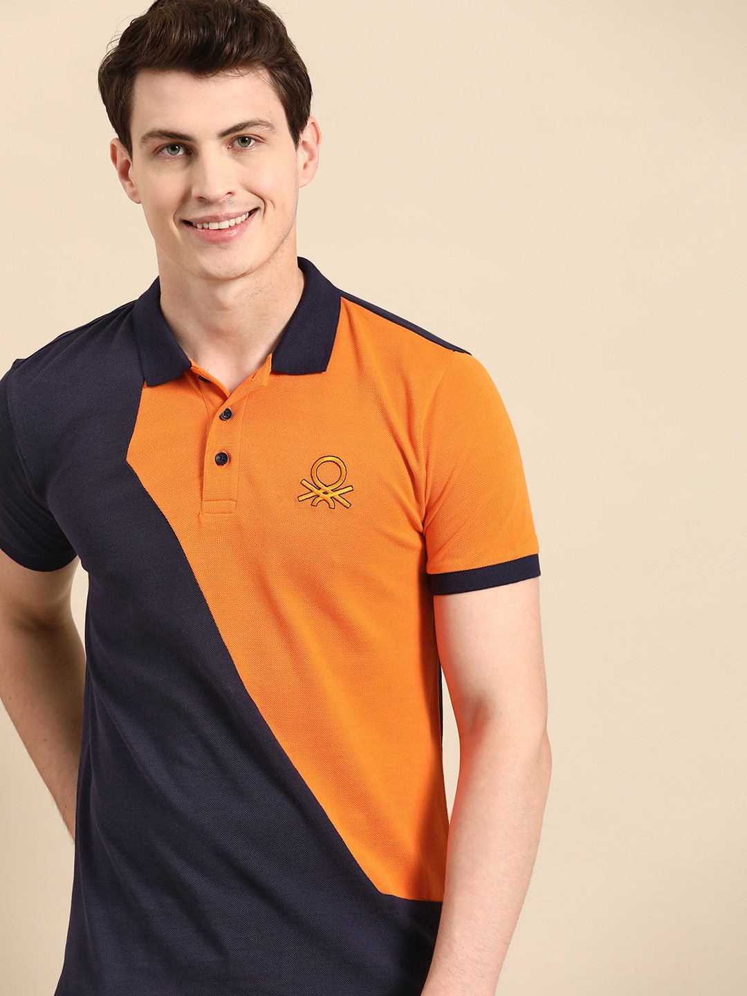 

United Colors of Benetton Colourblocked Polo Collar Pure Cotton T-shirt, Orange