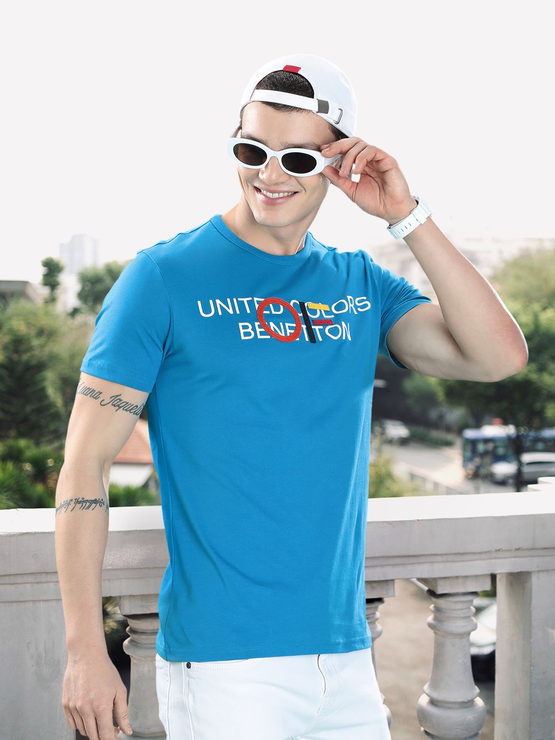 

United Colors of Benetton Brand Logo Print Pure Cotton T-shirt, Blue