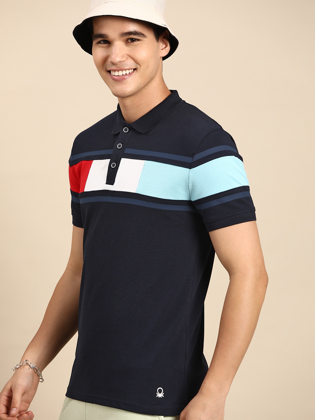 

United Colors of Benetton Striped Polo Collar Pure Cotton T-shirt, Navy blue